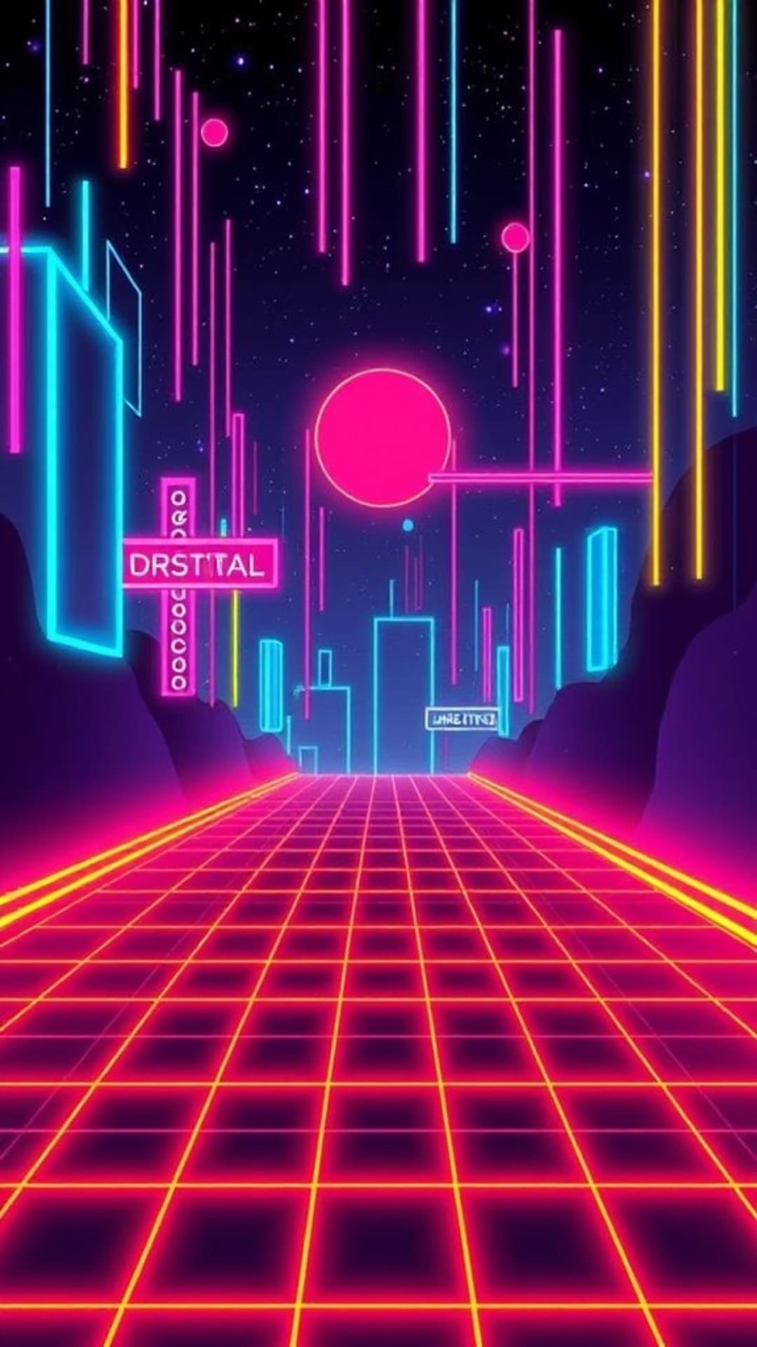 arte digitale in stile sci-fi retrò con griglia neon