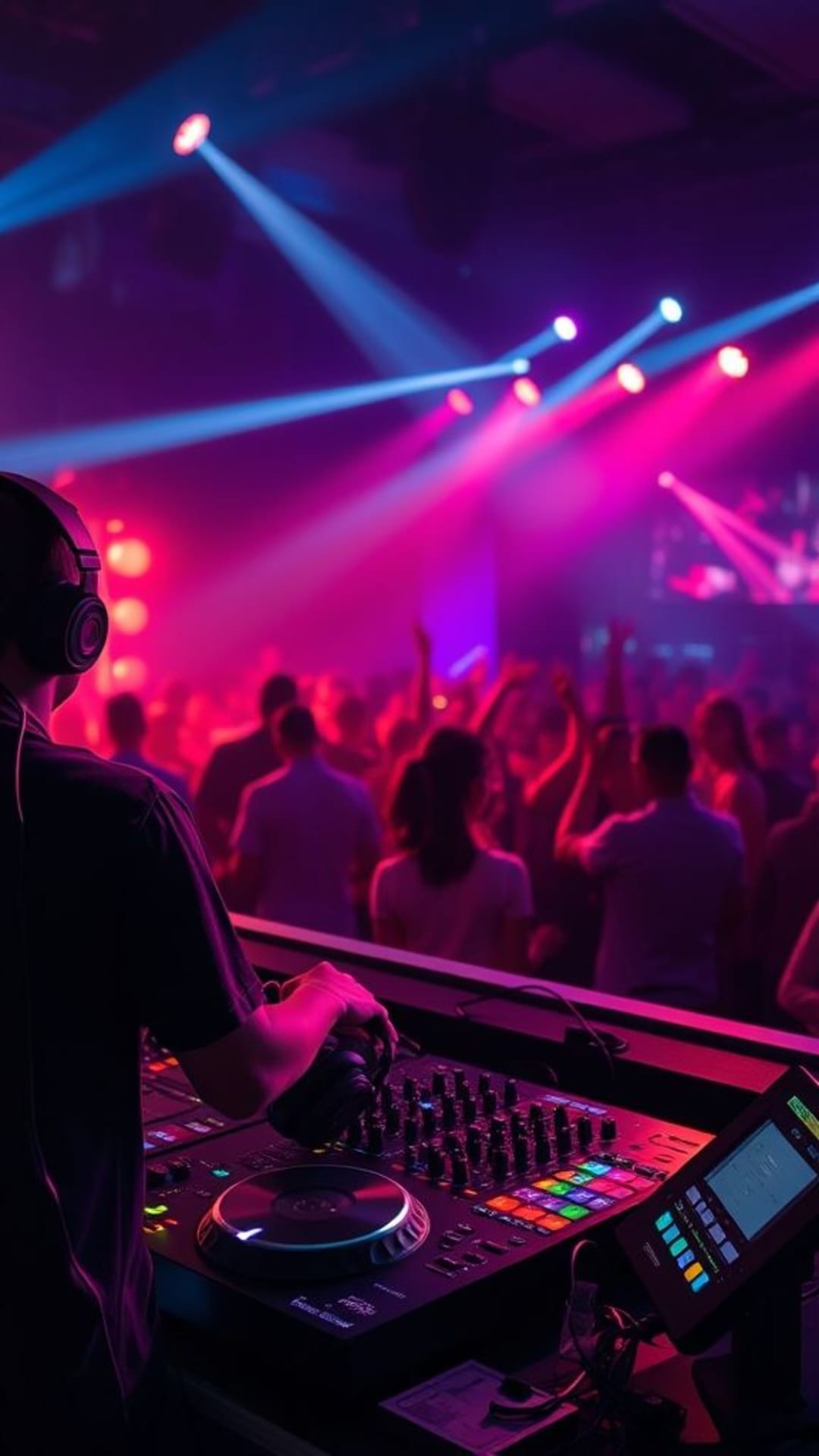 scena di concerto vibrante di musica DJ strumenti musicali cuffie luci sul palco musica energica temi musicali