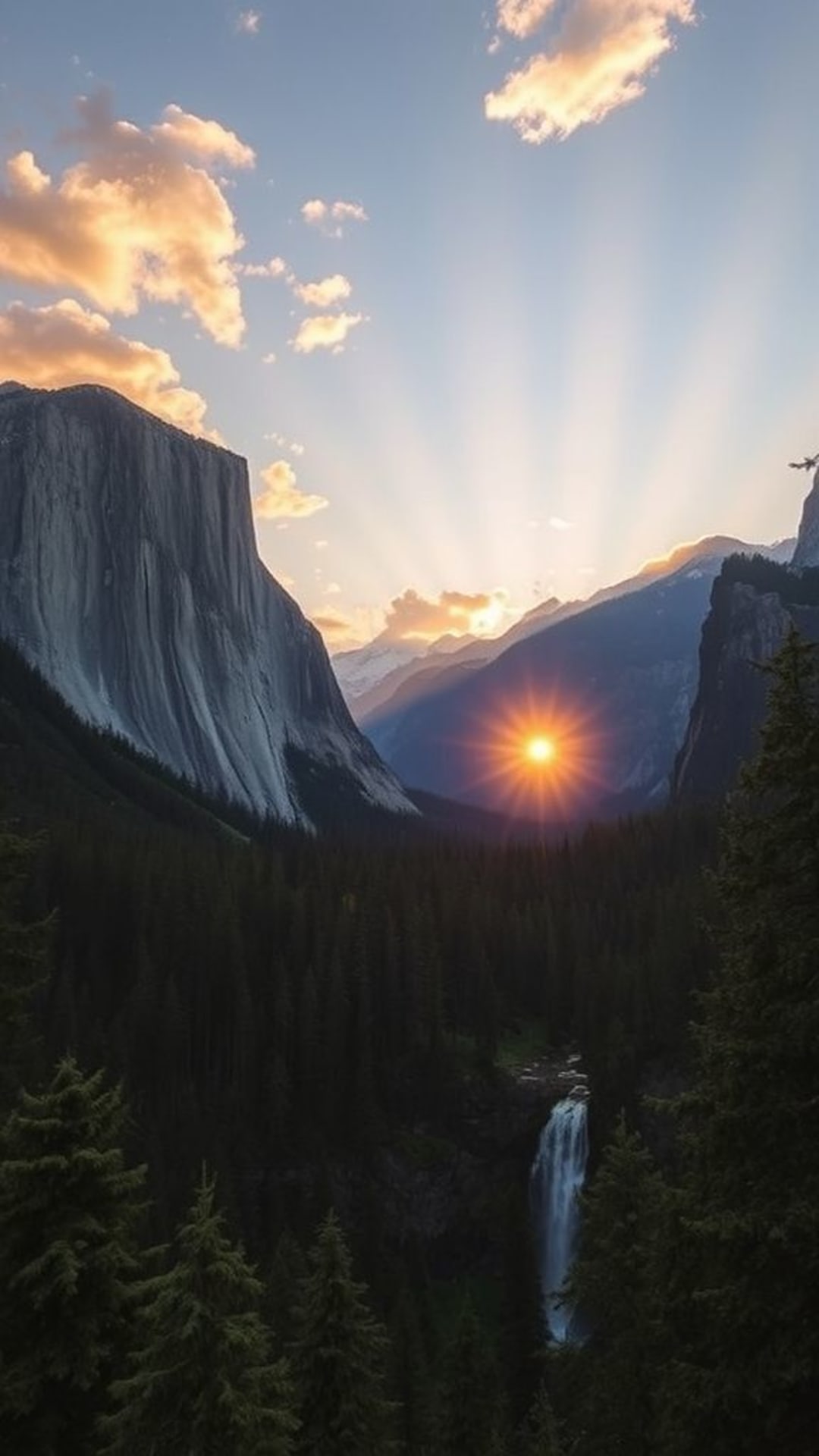 natura serena montagne foresta cascate alba tramonto ora dorata paesaggio tranquillo wallpaper rilassante