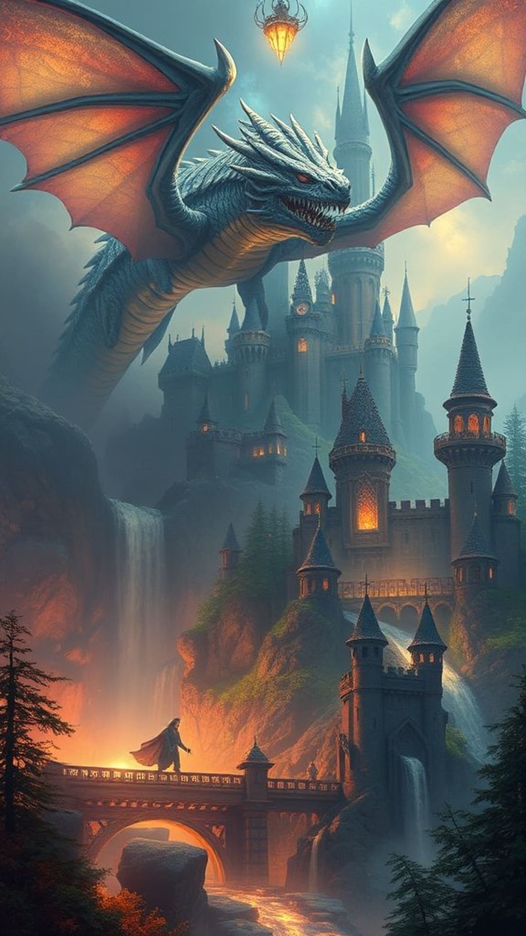 epici fantasy draghi castelli foreste incantate creature mistiche luminoso bagliore magico artwork dettagliato