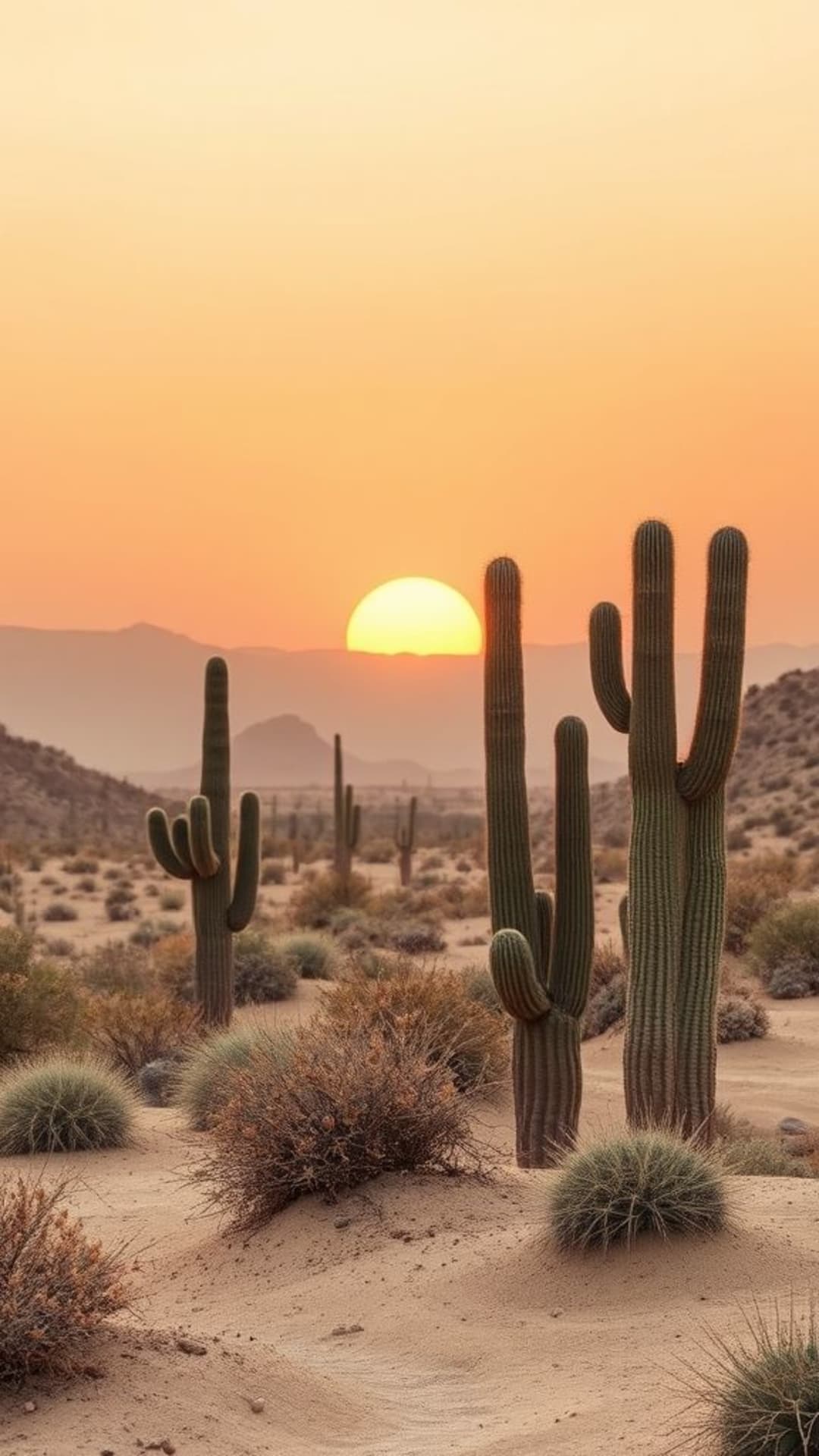 paesaggi aridi e desertici cactus e succulente tramonto tonalità calde texture sabbia stile minimalista