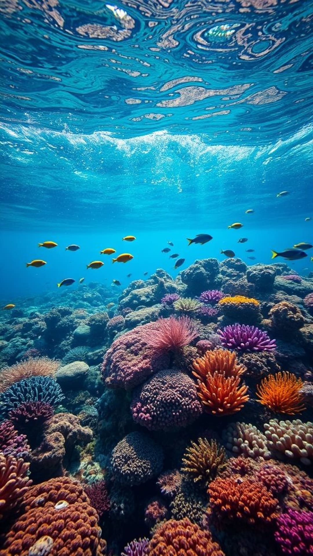 vita marina sott'acqua barriere coralline vivaci pesci colorati onde oceaniche scena tranquilla paesaggio marino serene sfondo acquatico