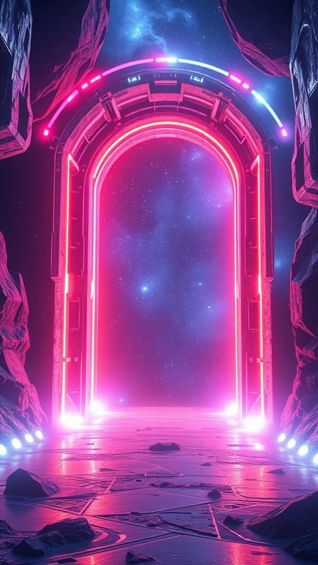 portale cosmico, passaggi spaziali, luci pulsanti, futuristico, fantascienza, arte digitale, energia vibrante