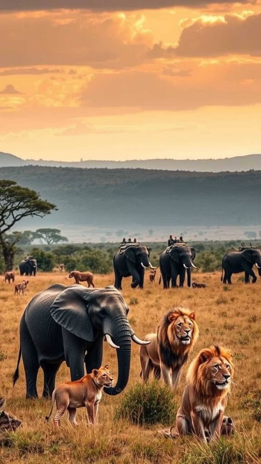 animali di safari selvaggio leoni elefanti paesaggio selvaggio avventura sfondo a tema natura
