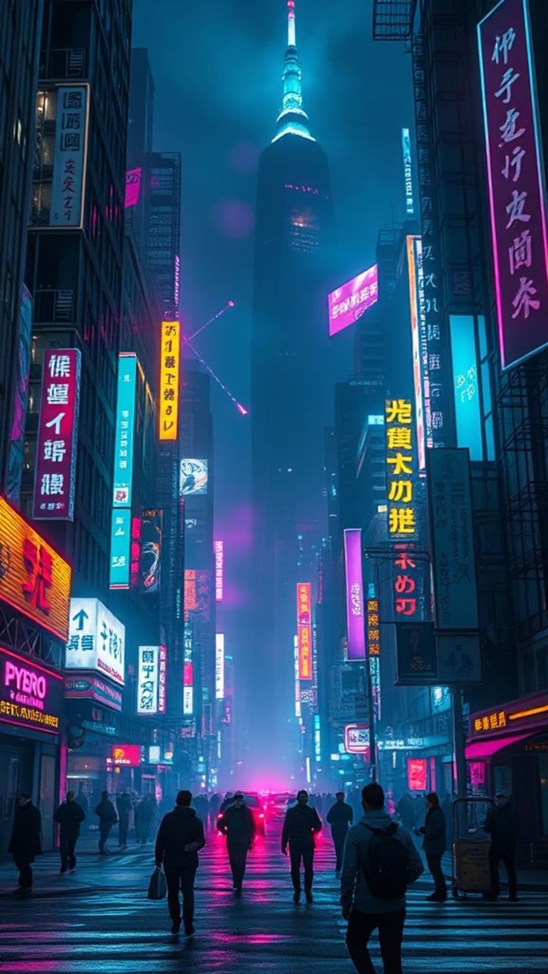 città cyberpunk luci al neon distopica