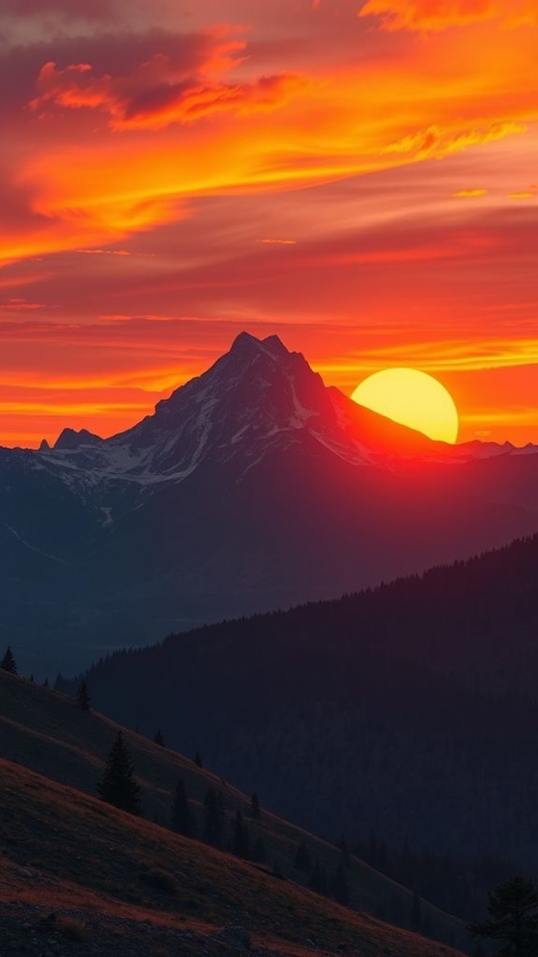 Paesaggio montano al tramonto con colori vivaci alta risoluzione