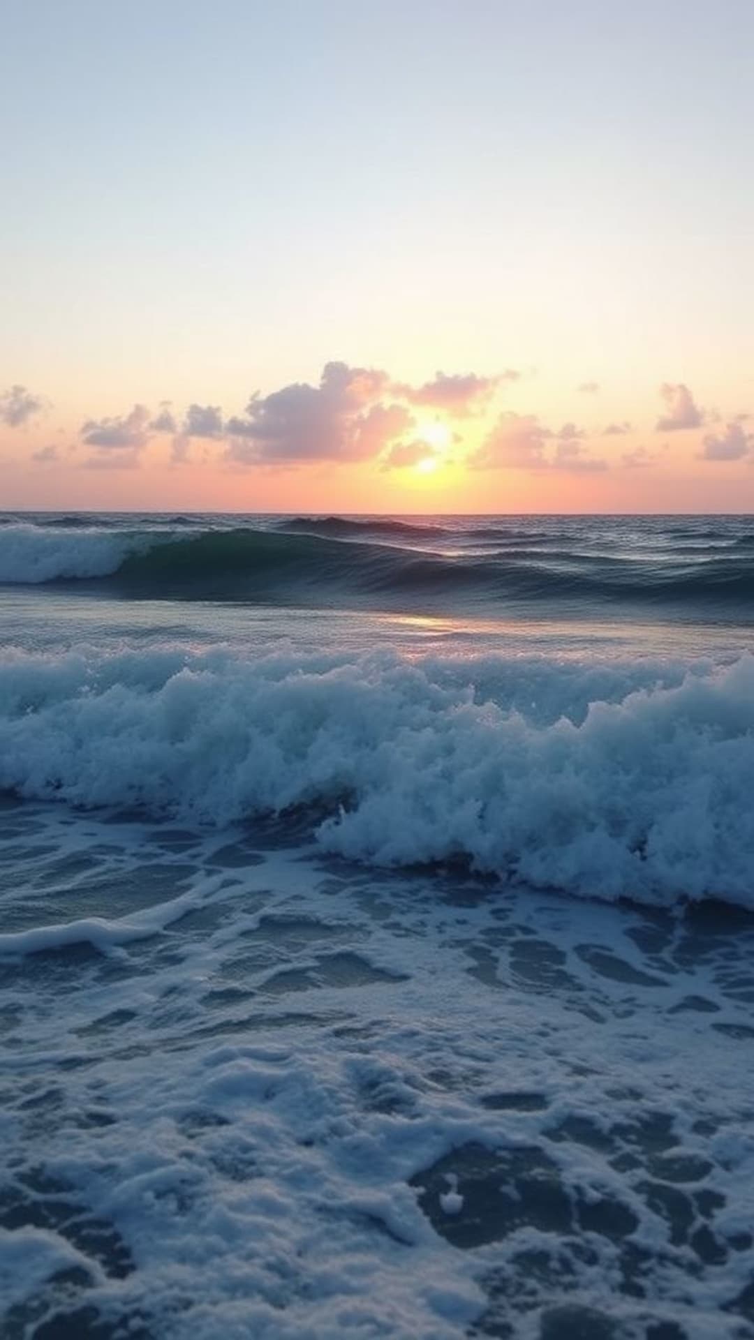 Ondata di onde dell'oceano che si infrangono all'alba, calma, rilassante