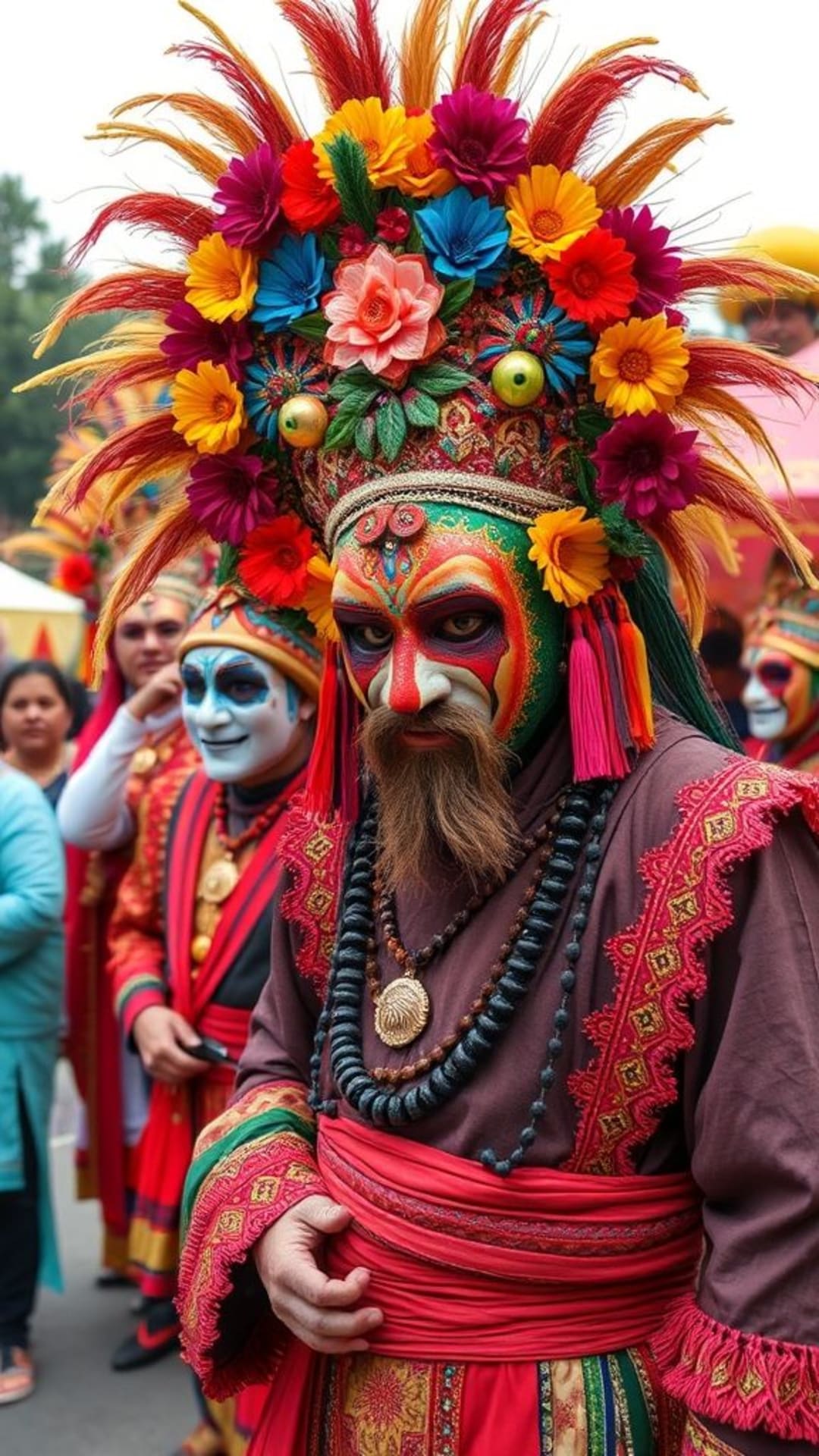Festival celebrazioni culturali maschere vivaci costumi incontri gioiosi mestieri tradizionali festività colorate spirito vivace