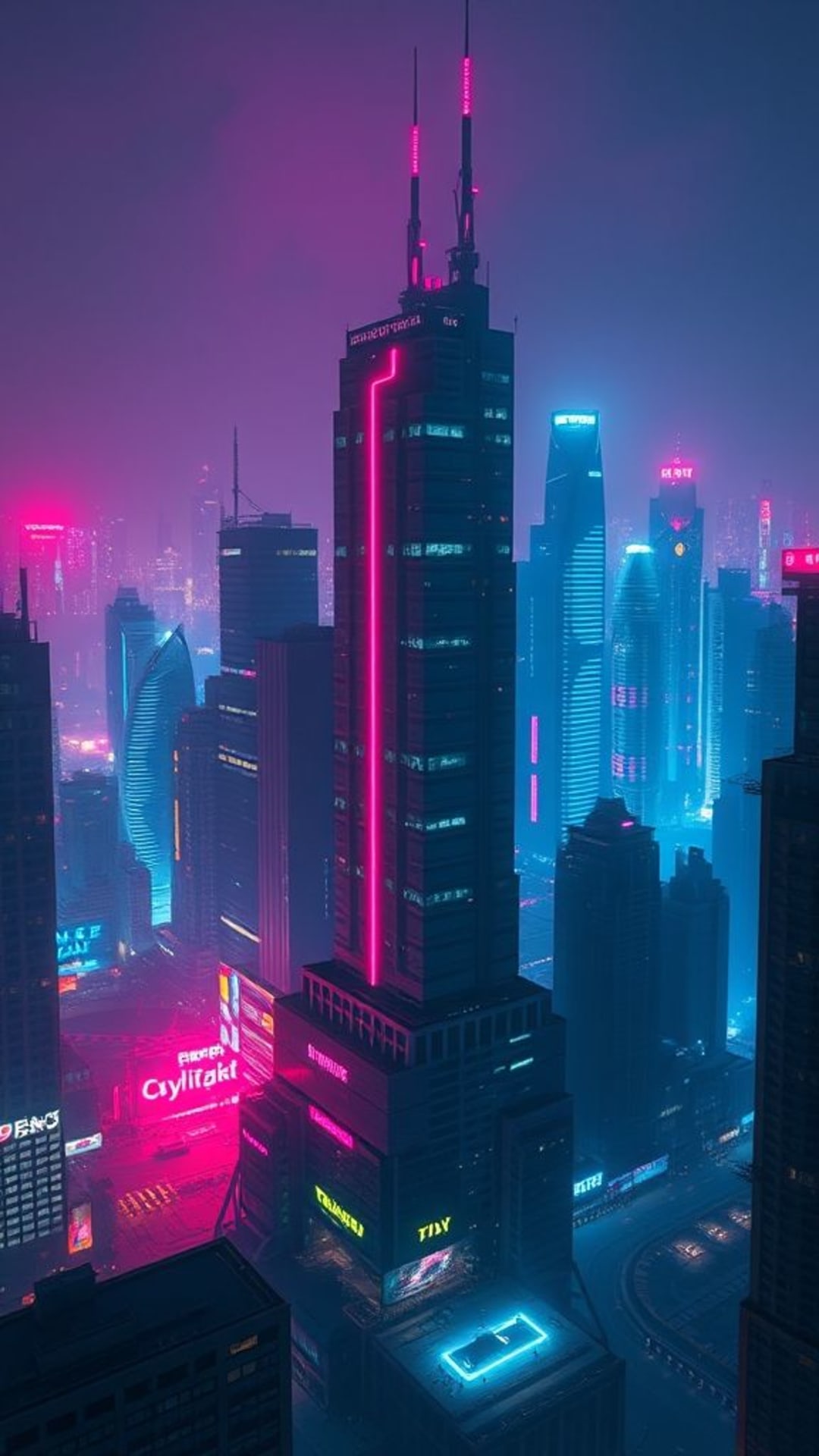 città cyberpunk luci al neon skyline futuristico scena notturna urbano distopico atmosfera sci-fi bagliore arte digitale
