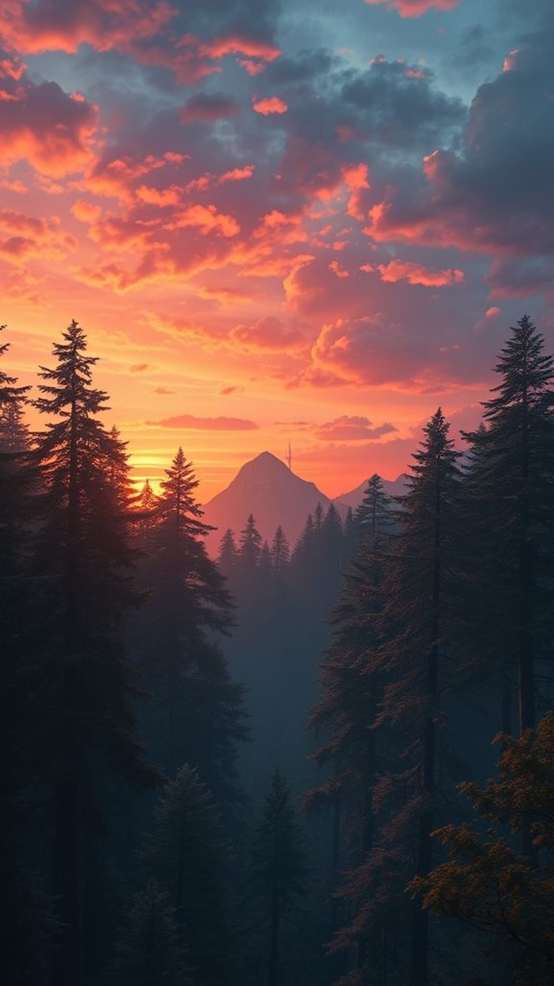tramonto fantastico cielo magico crepuscolo foresta incantata creature mistiche tonalità sognanti