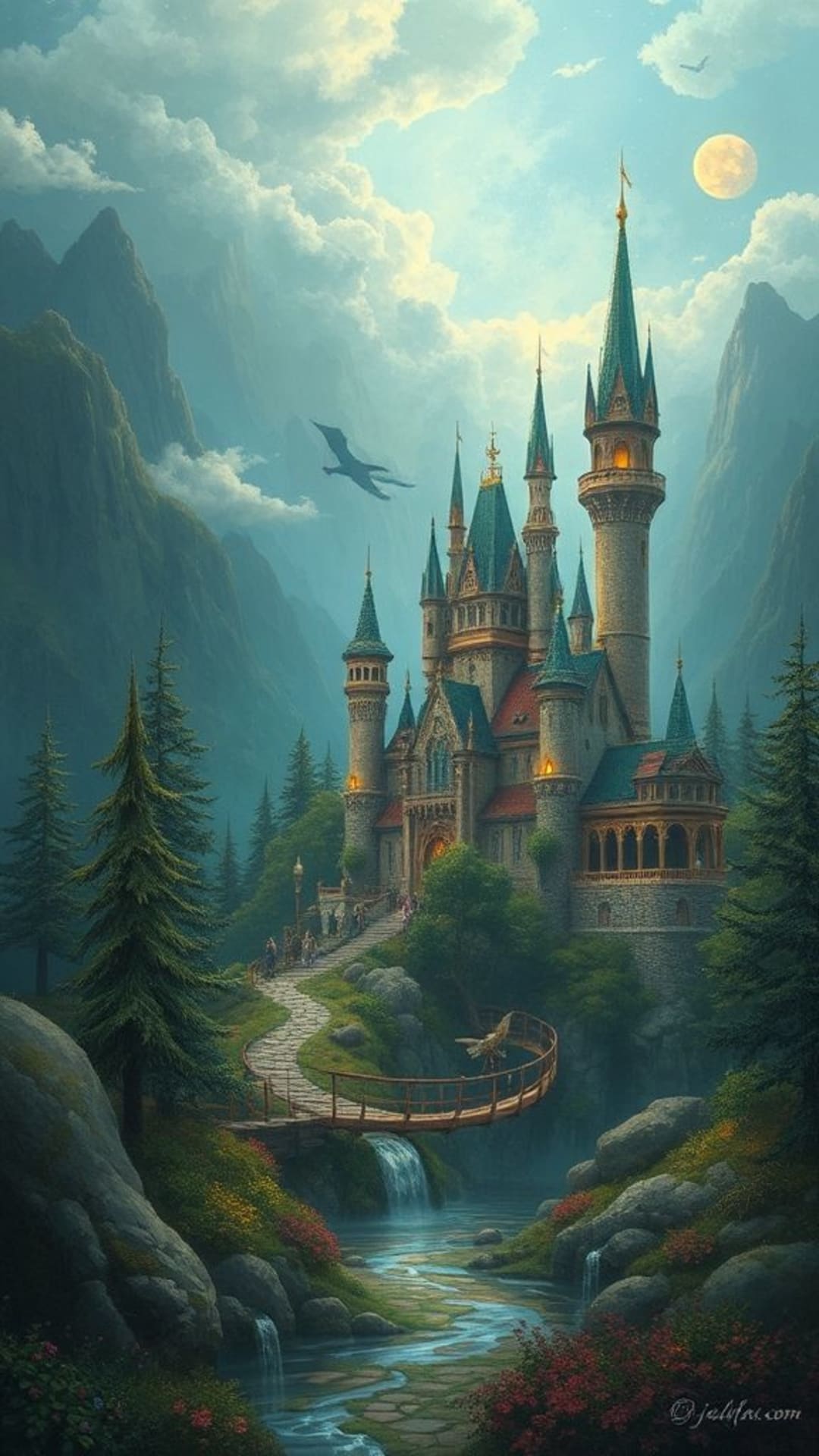 castelli delle fiabe fatati foreste incantate creature mistiche paesaggi magici paesaggi onirici pittoreschi sfondo artistico narrazione atmosfera