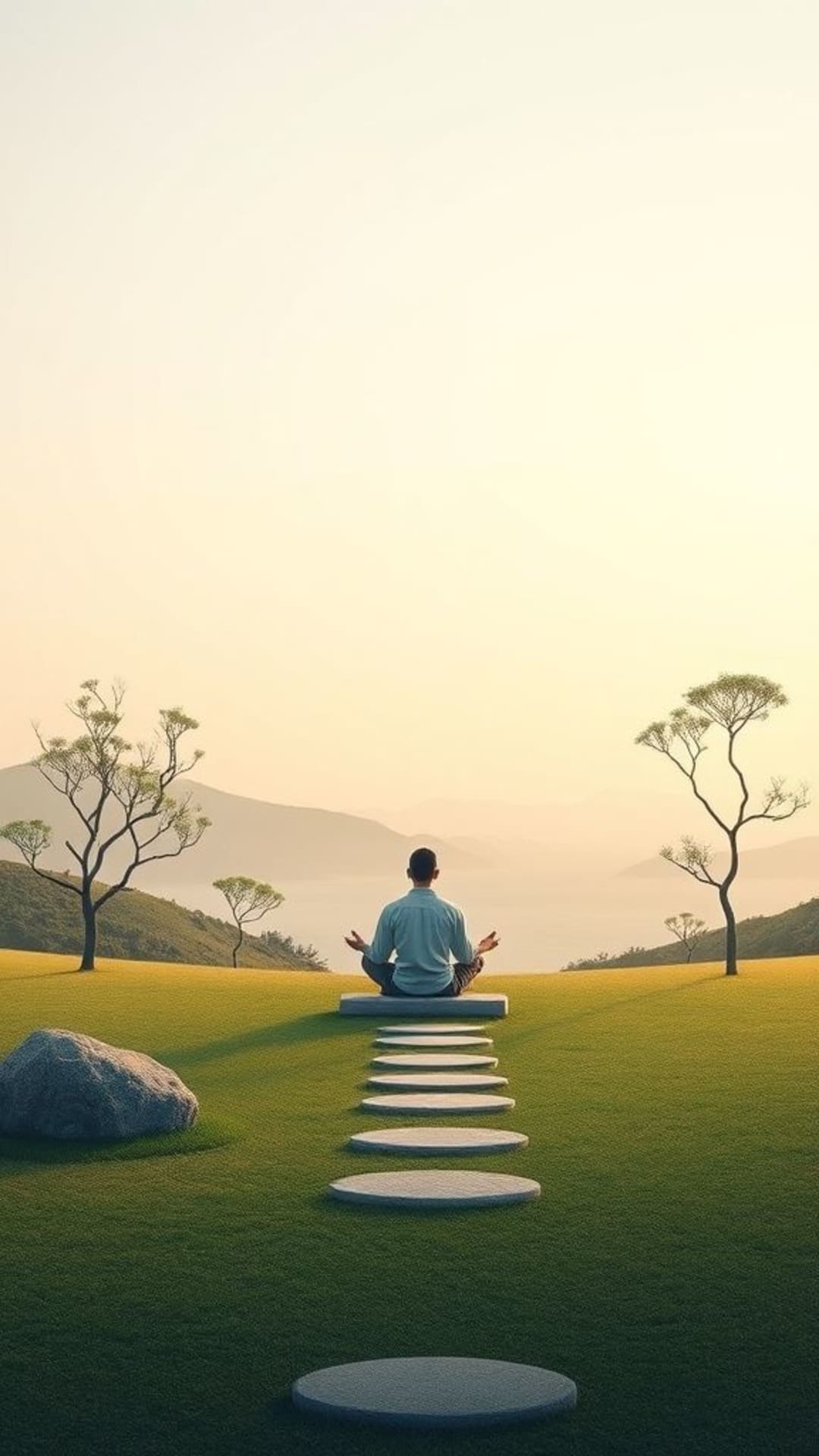 meditazione zen rilassante paesaggio pacifico natura ispiratrice colori calmanti stile minimalista scena outdoor tranquilla sollievo dallo stress visualità