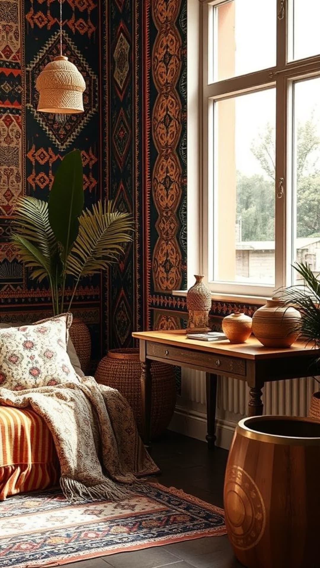 Stile boho chic con motivi tribali, tonalità terrose, design eclettico, atmosfera libera e spensierata, rilassato e casual, alla moda, artistico, creativo, carta da parati