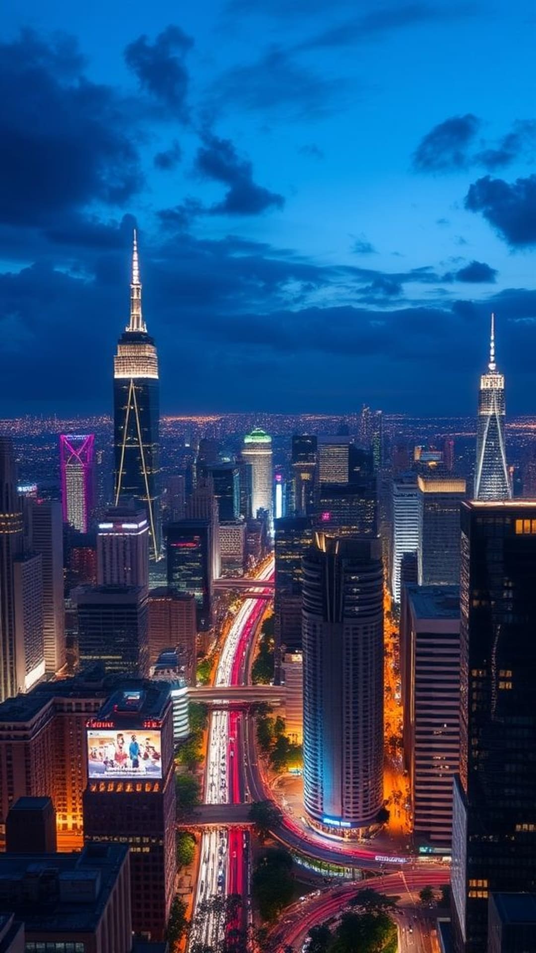 Paesaggio urbano notturno skyline illuminato luci futuristica architettura metropoli vivace