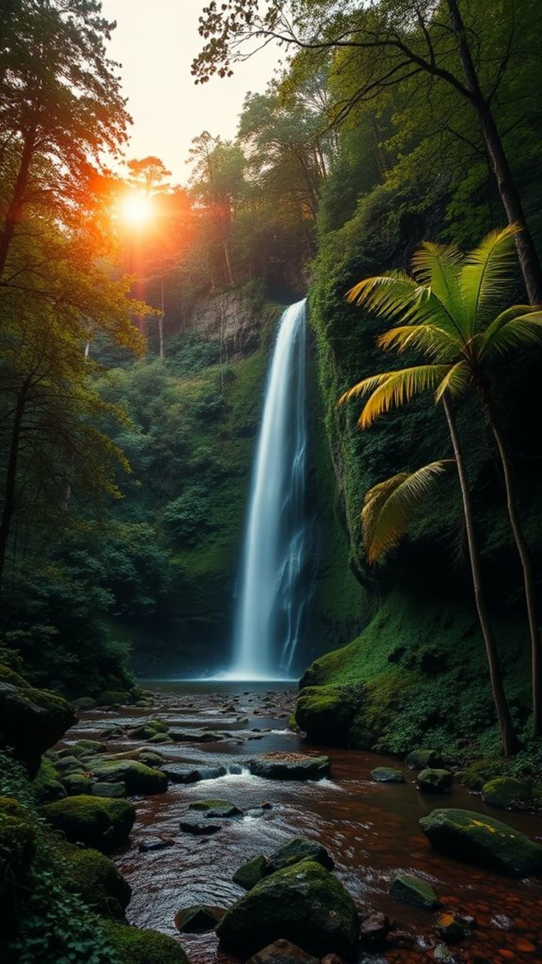 natura foresta cascate alba ora d'oro paesaggio tranquillo paesaggio sereno verde rigoglioso avventura all'aperto