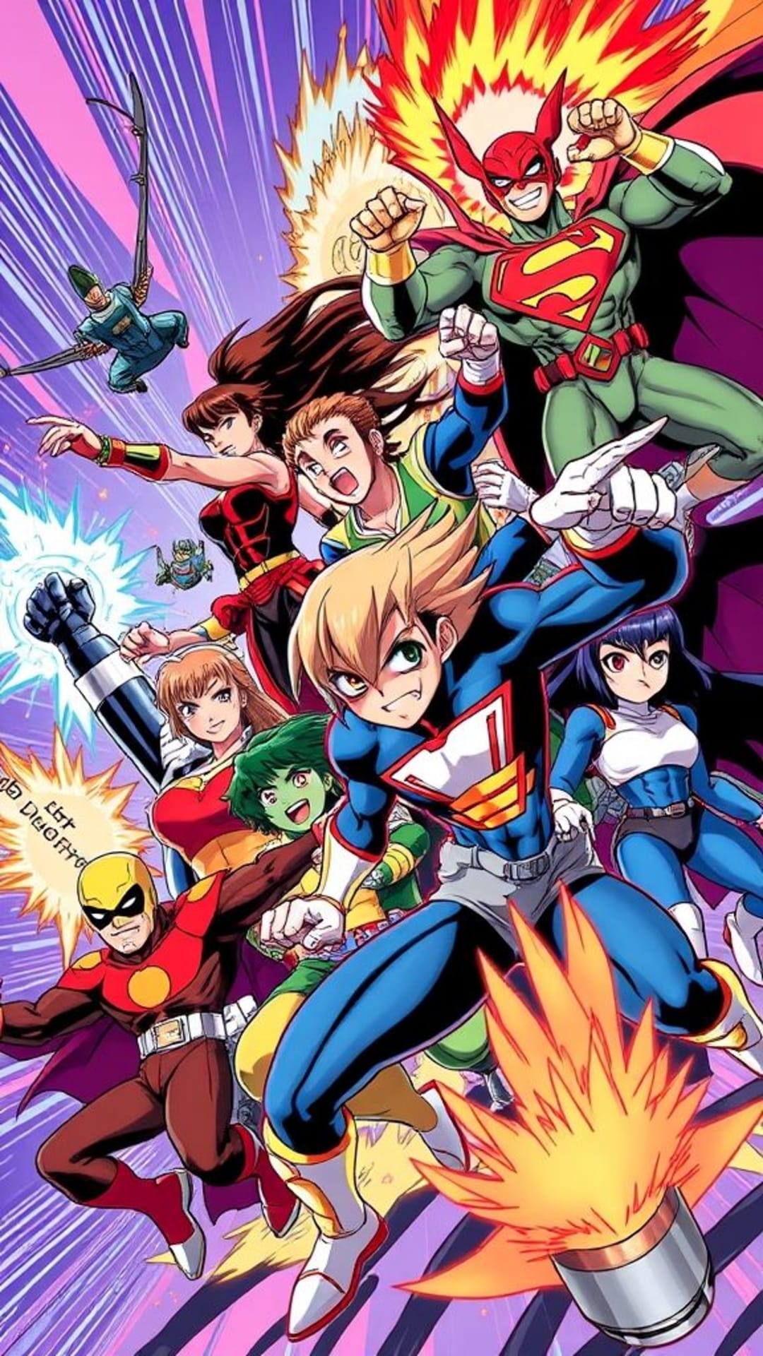 Personaggi della cultura pop eroi cartoni animati anime vivaci colorati illustrazioni dinamiche d'azione
