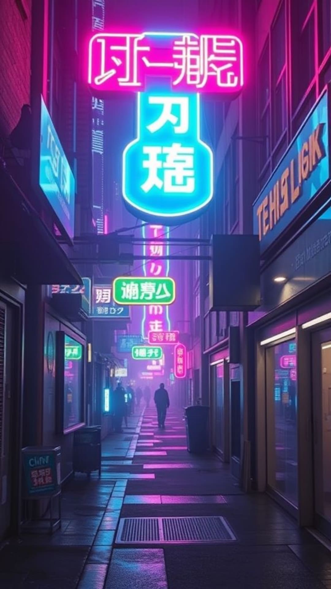 cartelloni al neon estetica cyberpunk città futuristica testo luminoso brillante atmosfera elettrica