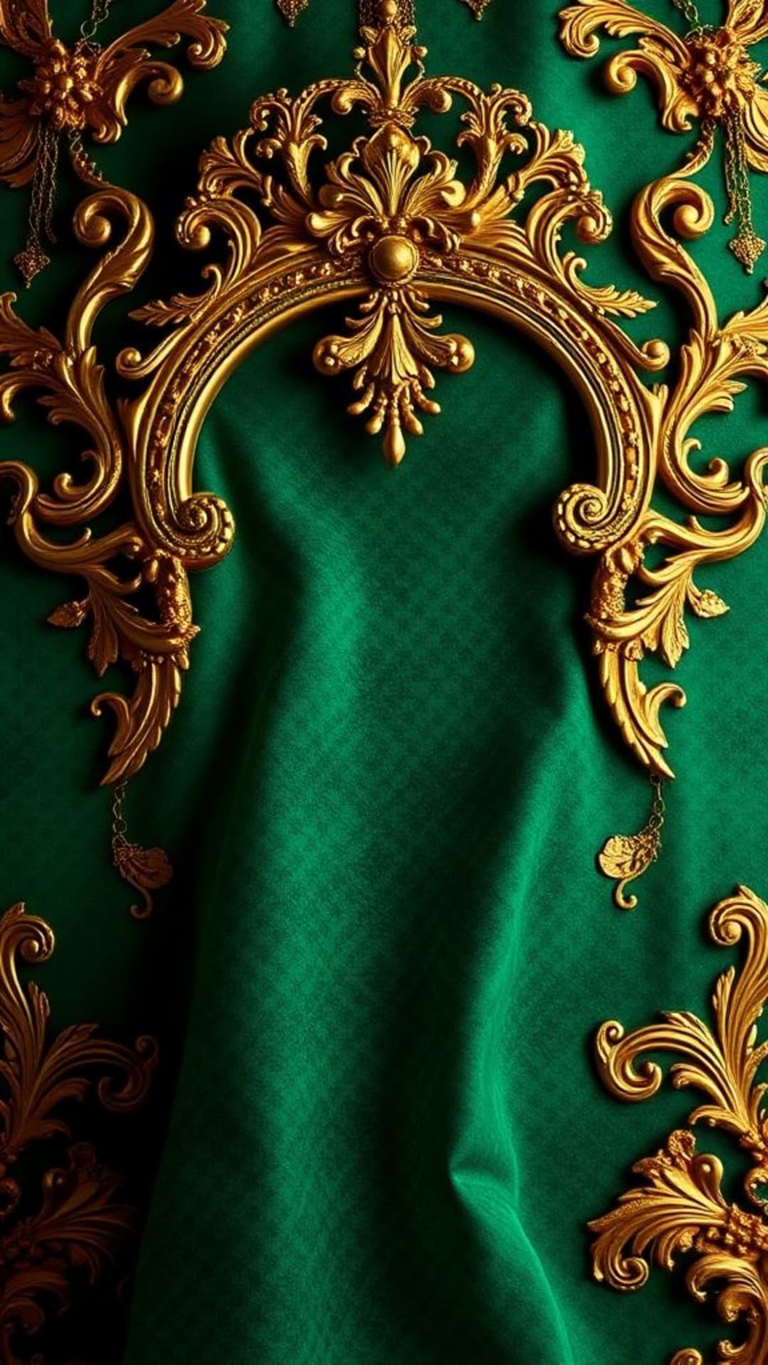 Verde smeraldo e oro, texture di lusso, dettagli regali e ornate, intricati, moda regale