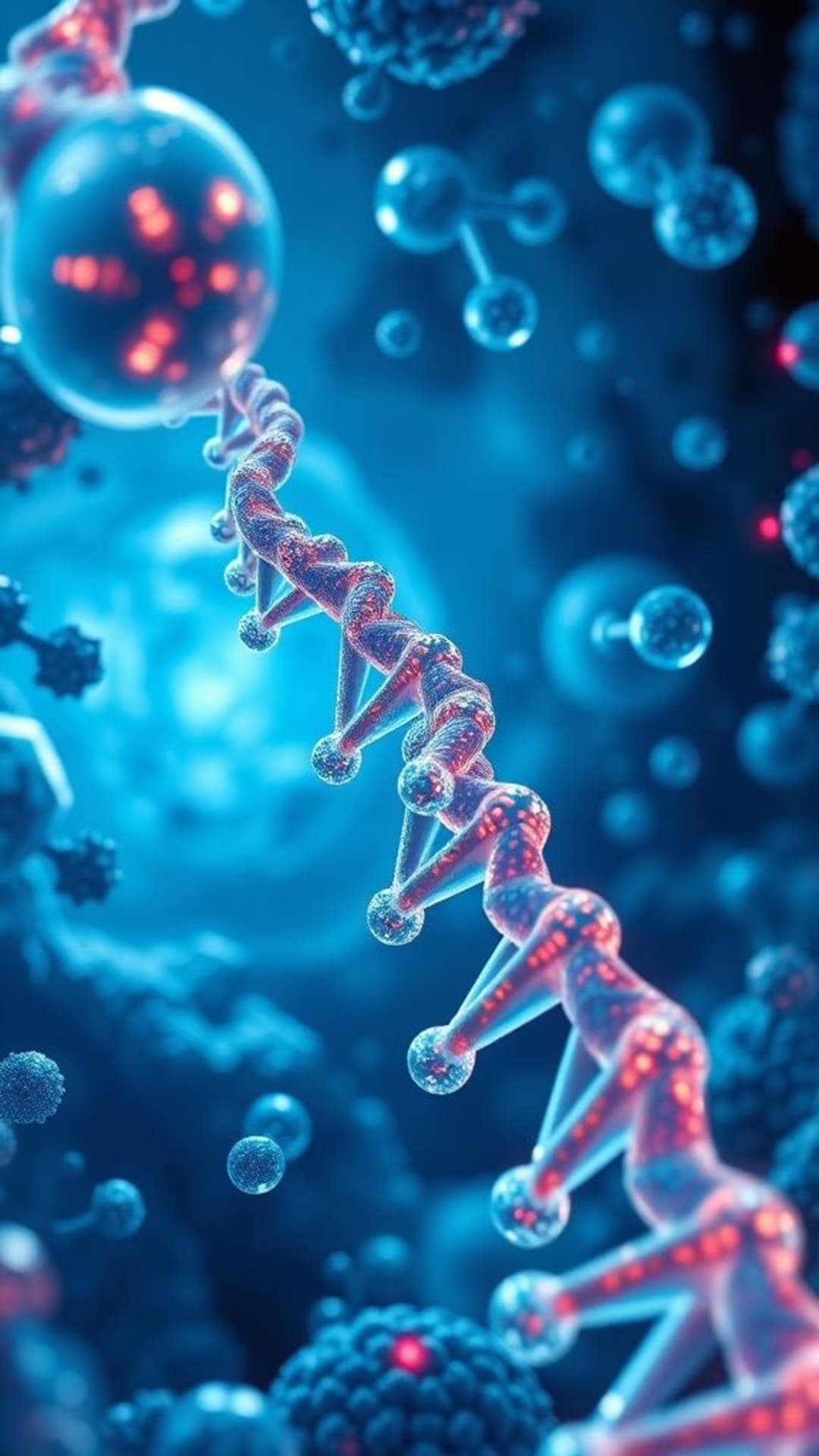 illustrazioni scientifiche visualizzazioni microscopiche DNA molecole tecnologia futuristica precisione scientifica