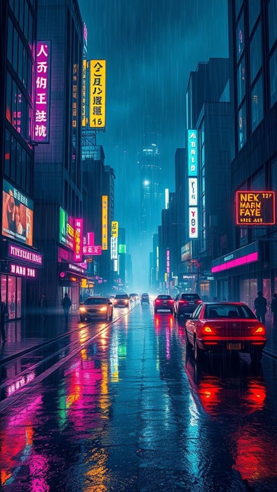 città futuristica cyberpunk luci al neon notte piovosa riflessi sulla pioggia urbano arte digitale alta definizione estetica sfondo