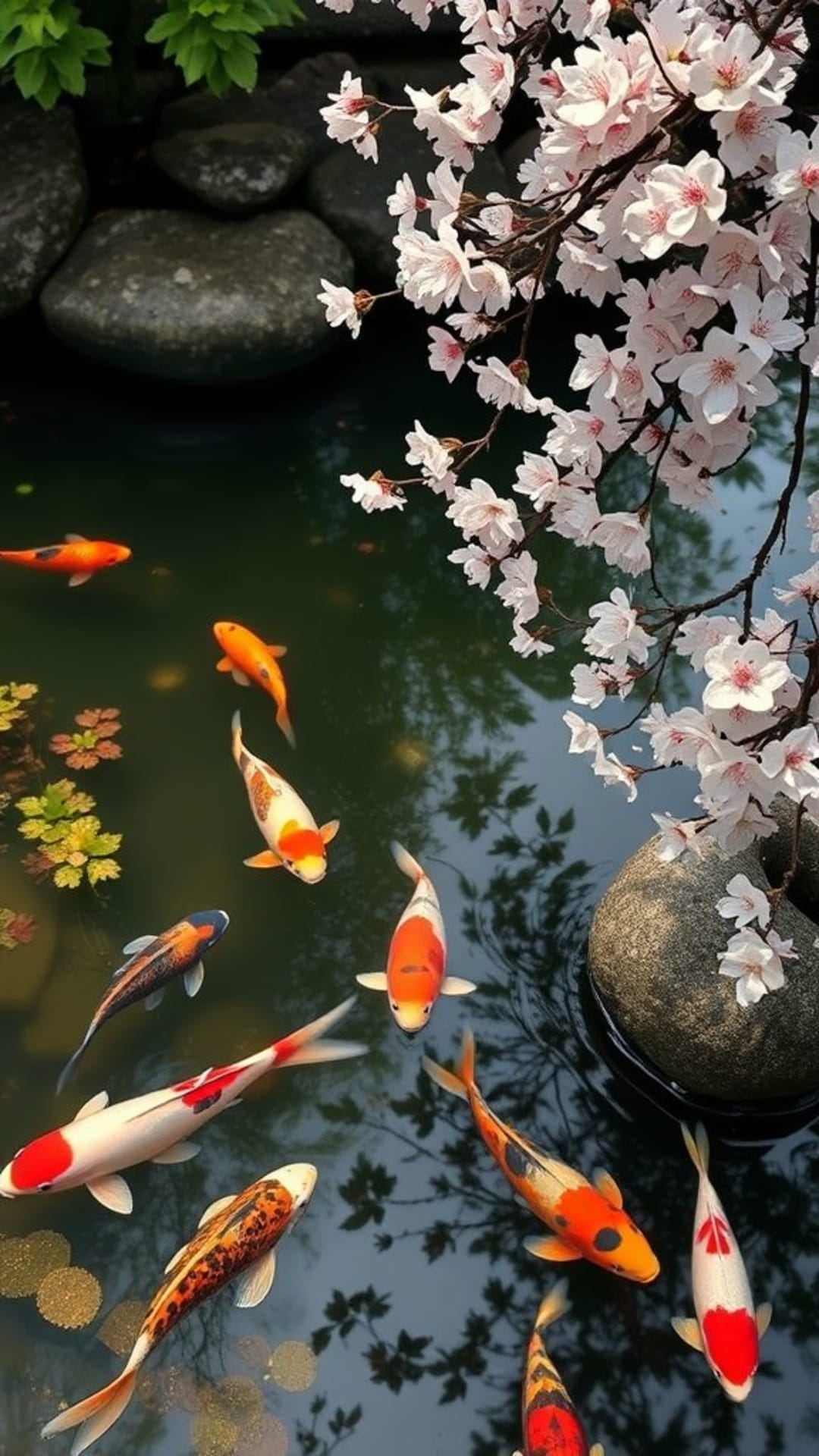 laghetto di koi arte tradizionale giapponese fiori di ciliegio riflessi sull'acqua calma tranquilla sfondo