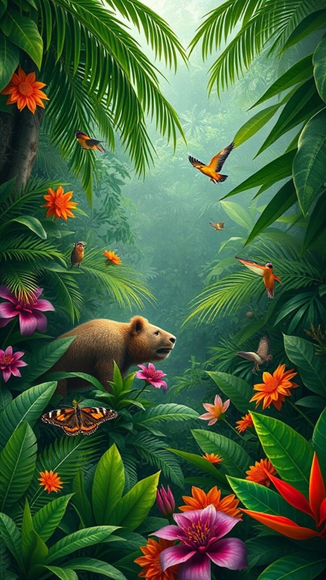 giungla rigogliosa verdeggiante animali esotici flora vibrante avventura scena di giungla sfondo
