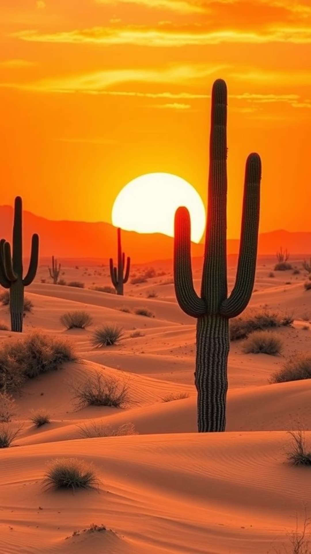 tramonto nel deserto paesaggio arido cactus dune di sabbia toni caldi terrosi paesaggio desertico sfondo