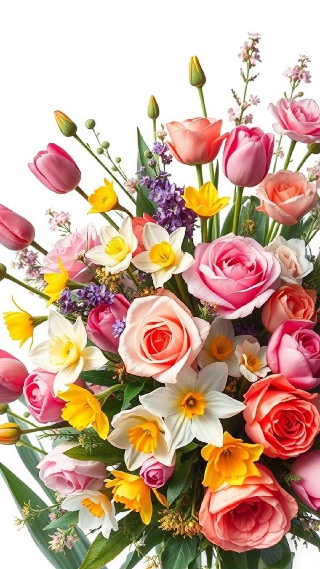 Carta da parati floreale bouquet di rose, narcisi, tulipani, giardino rigoglioso, primavera colorata, natura