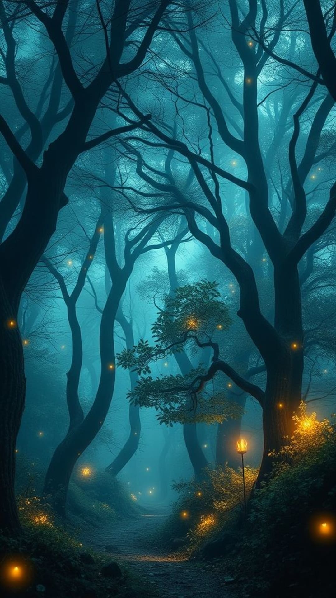 Foresta fatata mistica alberi incantati luci che brillano sfondo fantasy