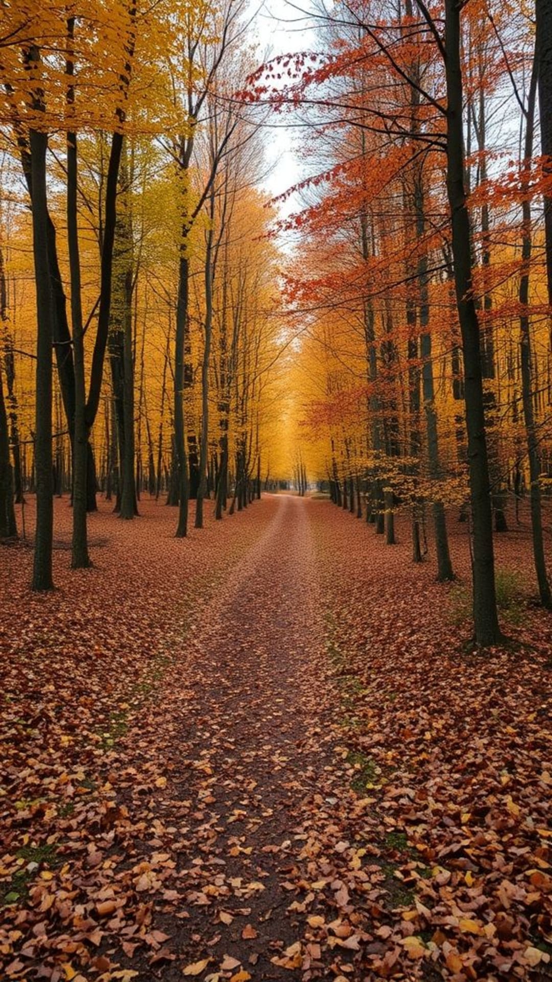 sentiero autunnale nel bosco foglie croccanti tonalità calde scena accogliente autunnale sfondo