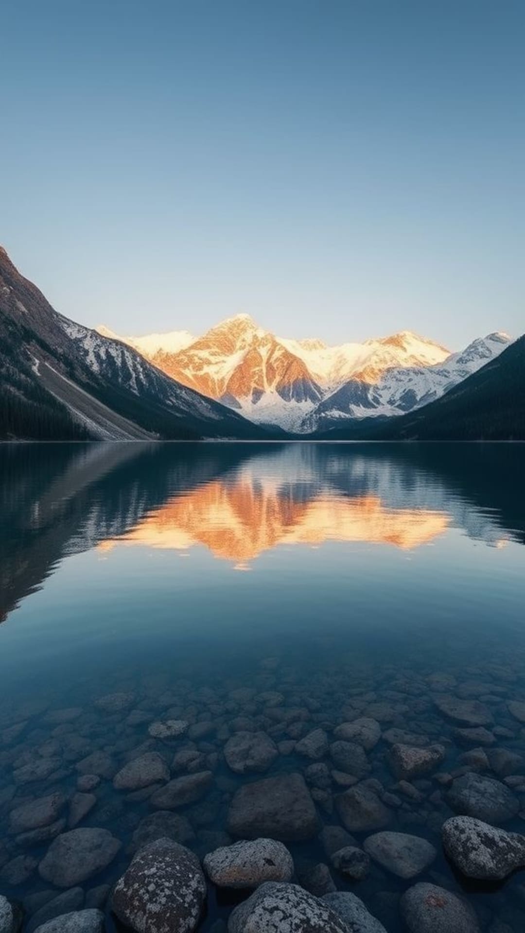 riflesso tranquillo di un lago di montagna acqua serena che guarda cime innevate sfondo per sfondo