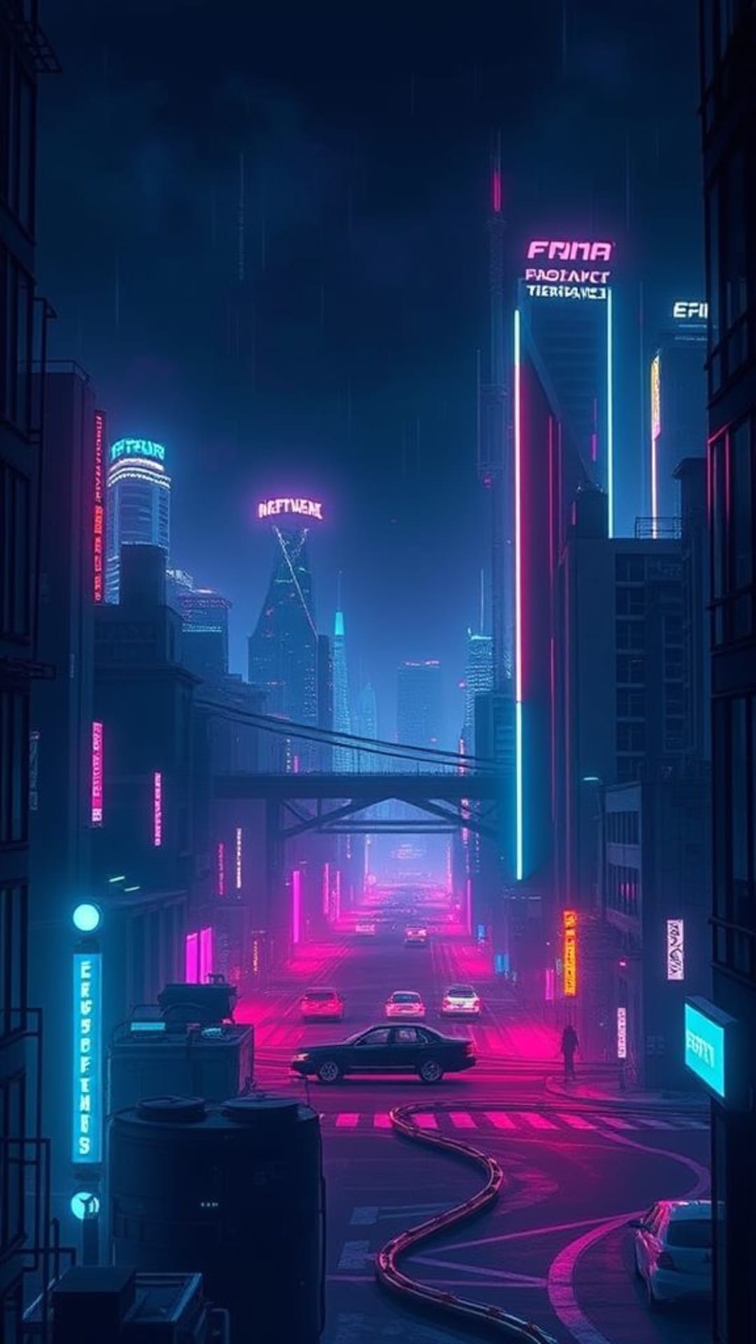 paesaggio urbano futuristico cyberpunk luci al neon sfondo scuro