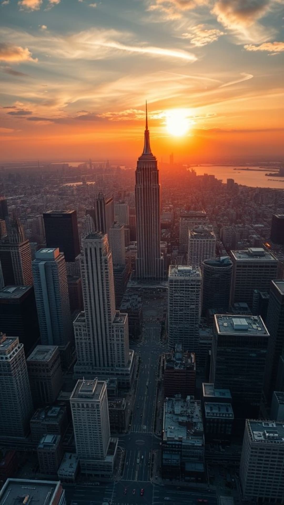fotografia aerea con drone di skyline cittadini al tramonto ora dorata