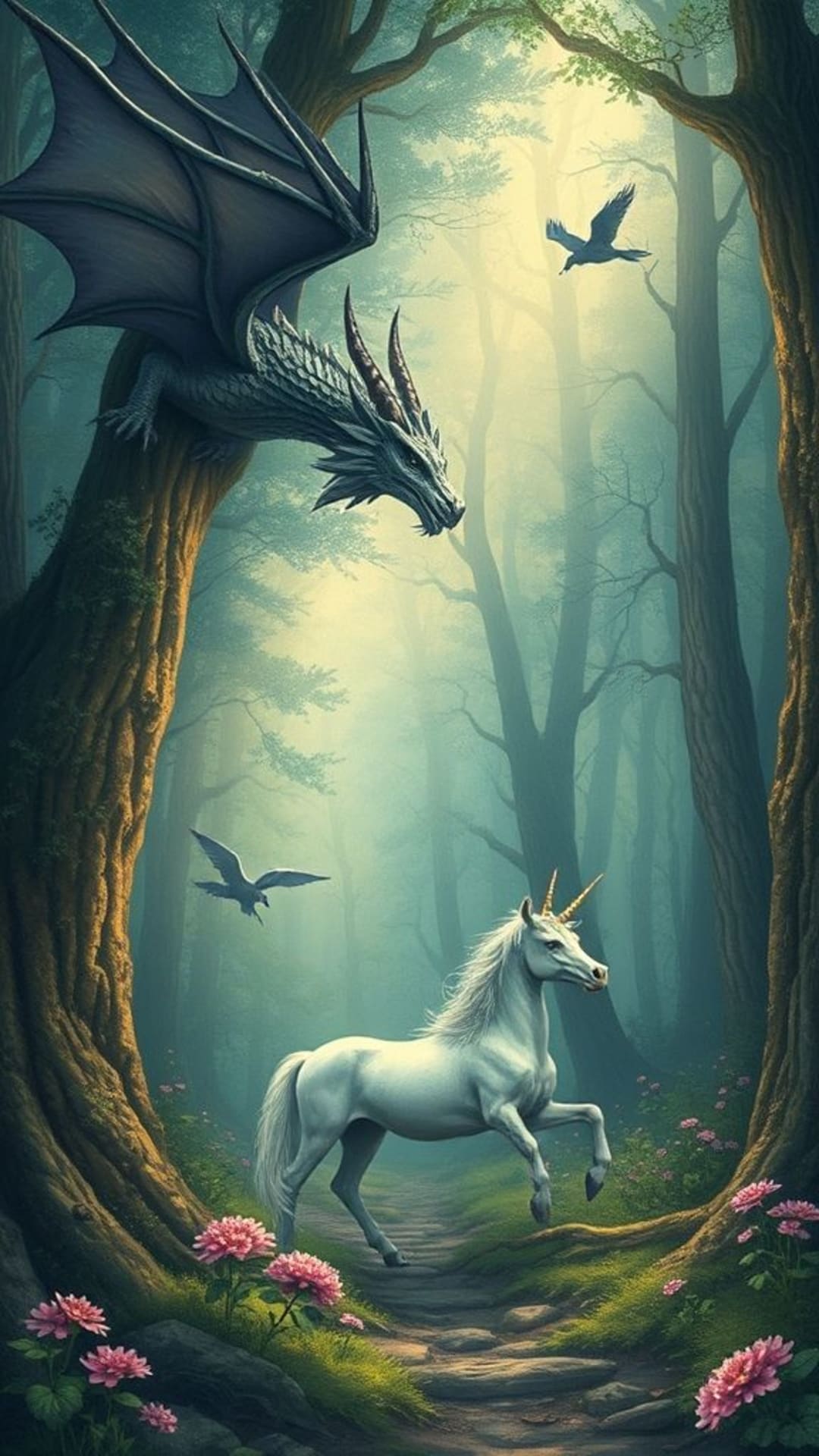 mondi fantastici mistici draghi unicorni foreste incantate