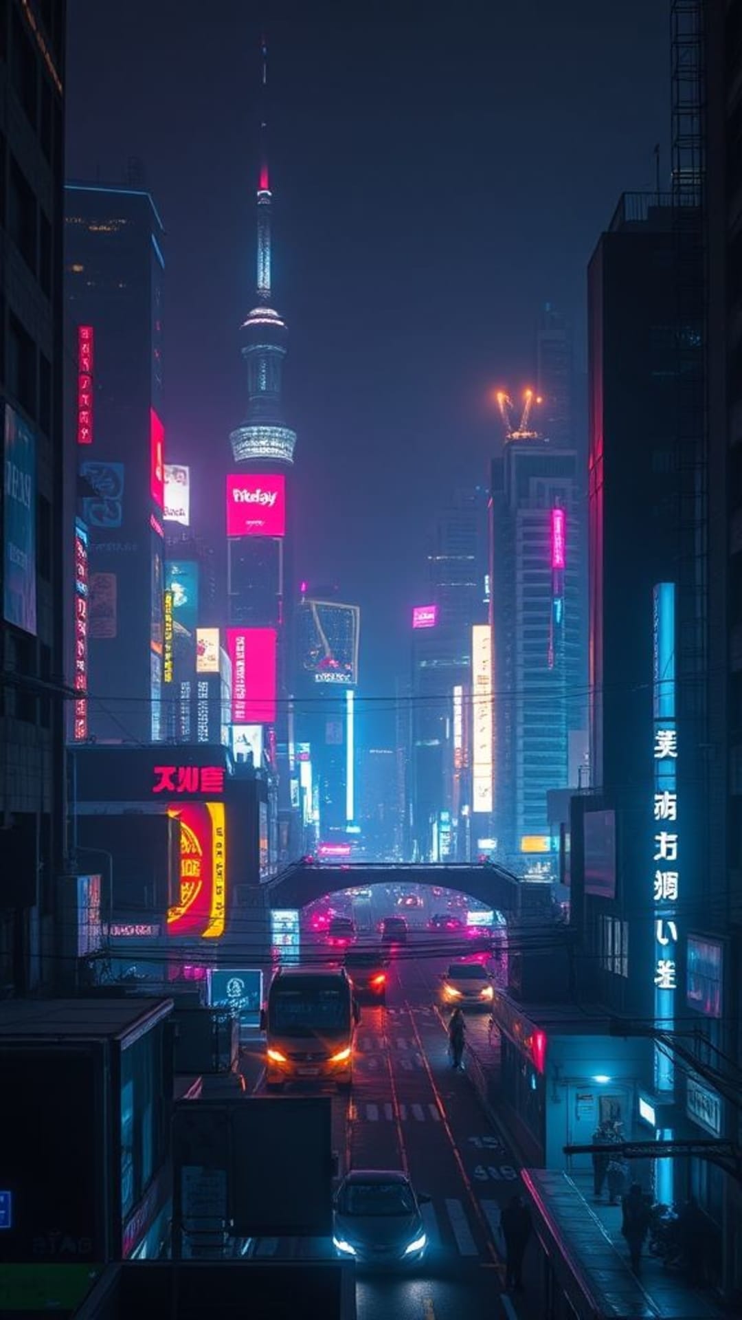 Paesaggio urbano cyberpunk con luci al neon di notte