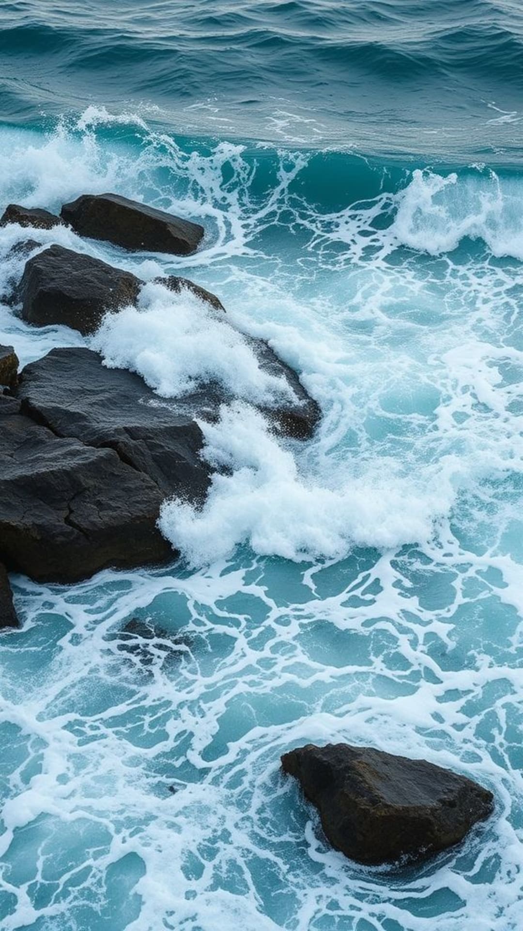 Onde oceaniche ad alta risoluzione che si infrangono sulle rocce