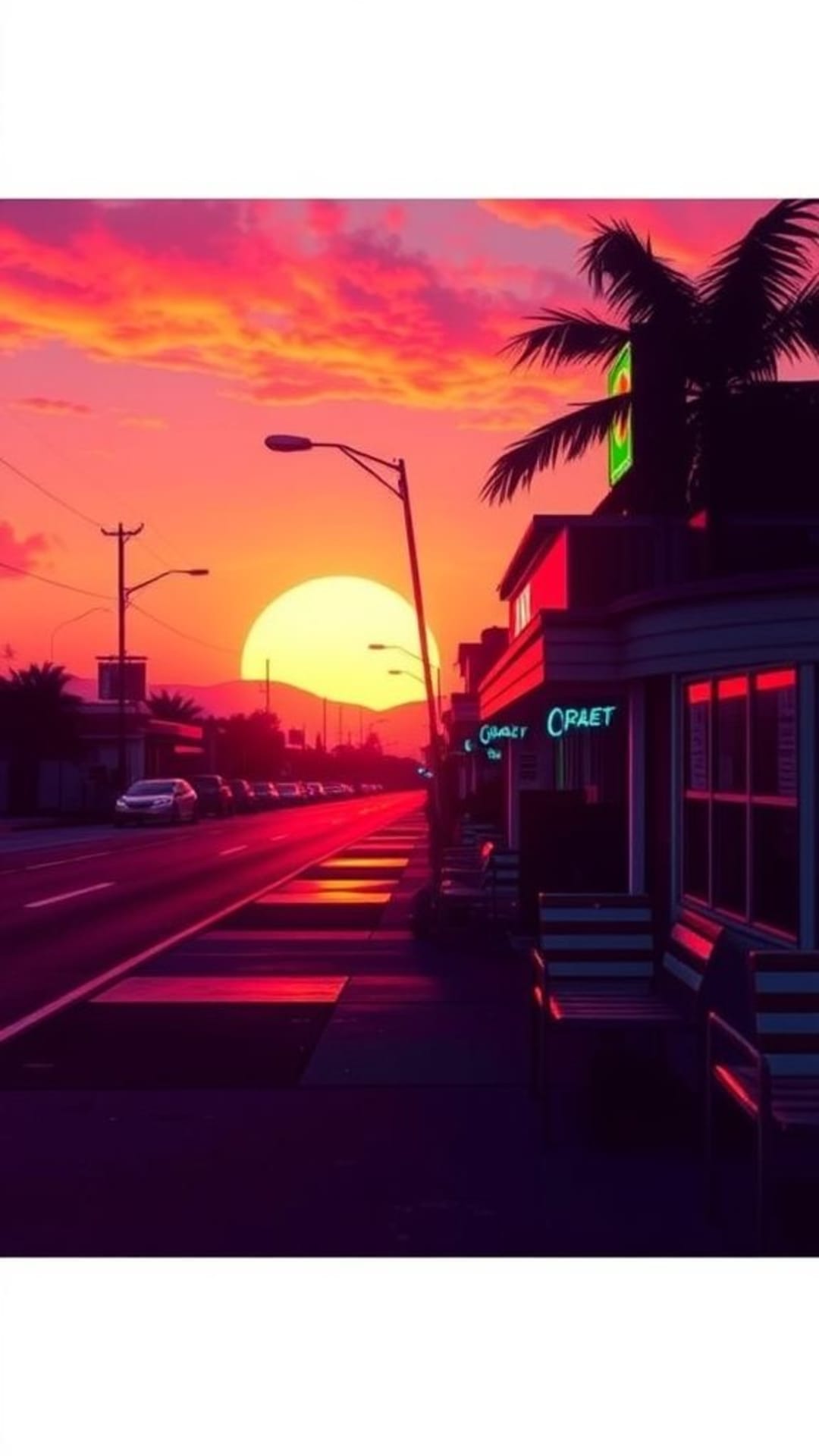 Estetica vaporwave degli anni ottanta al tramonto