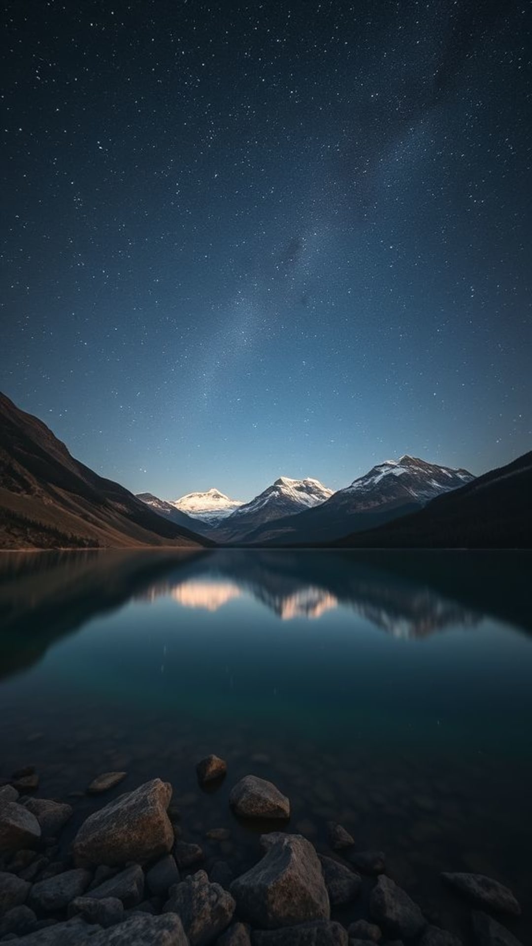 Laghi tranquilli di montagna sotto cieli stellati