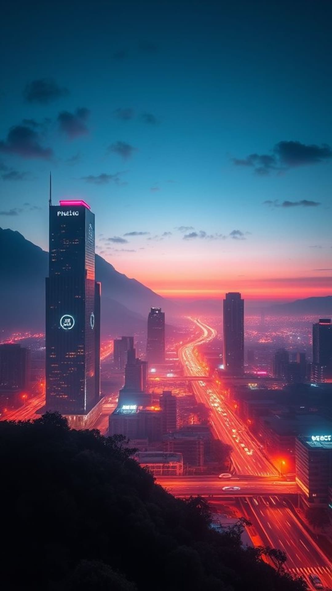 Paesaggio di griglia neon digitale al crepuscolo