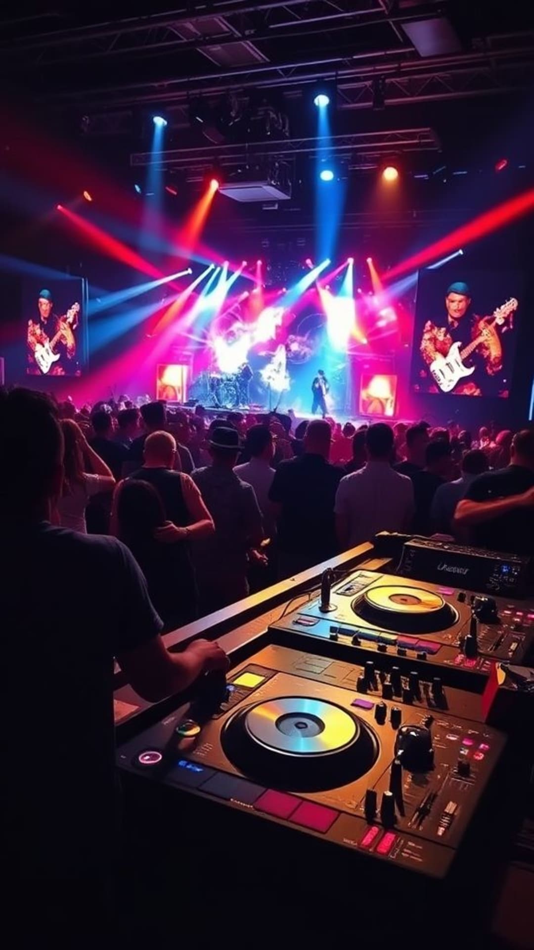 musica strumenti musicali scene di concerto copertine di album onde sonore vibranti generi musicali giradischi DJ esibizioni dal vivo ritmi dinamici