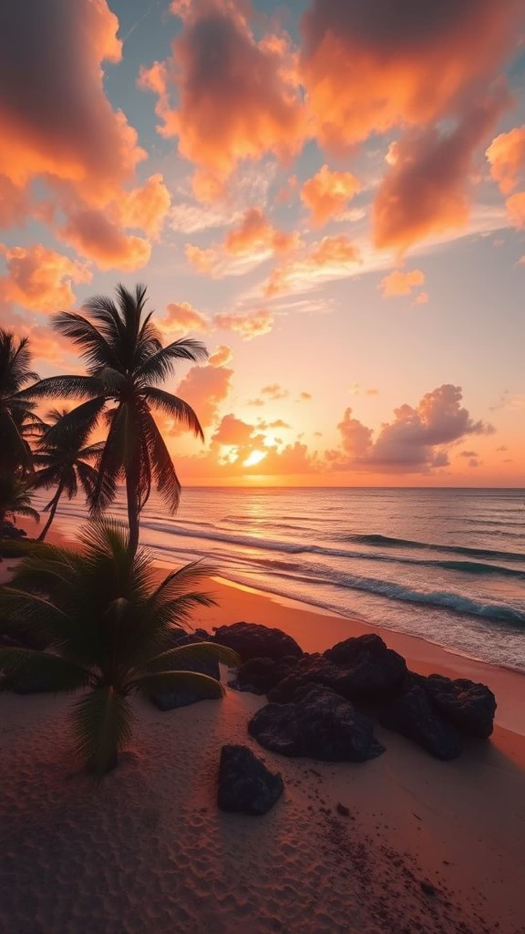 tramonto tropicale sulla spiaggia palme onde dell'oceano tonalità vivaci paesaggio rilassante paradiso viaggio desiderio di viaggio
