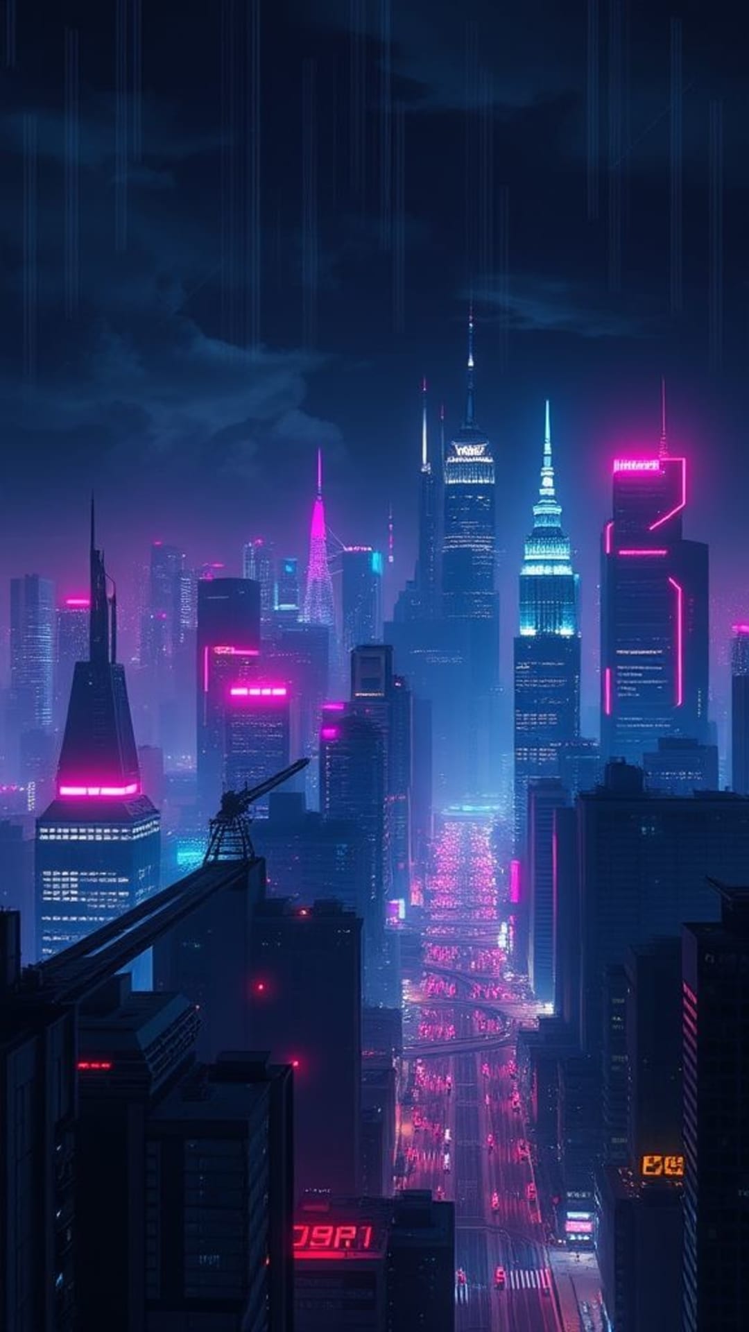 paesaggio urbano futuristico cyberpunk luci al neon skyline oscuro arte digitale fantascienza alta tecnologia notte urbana