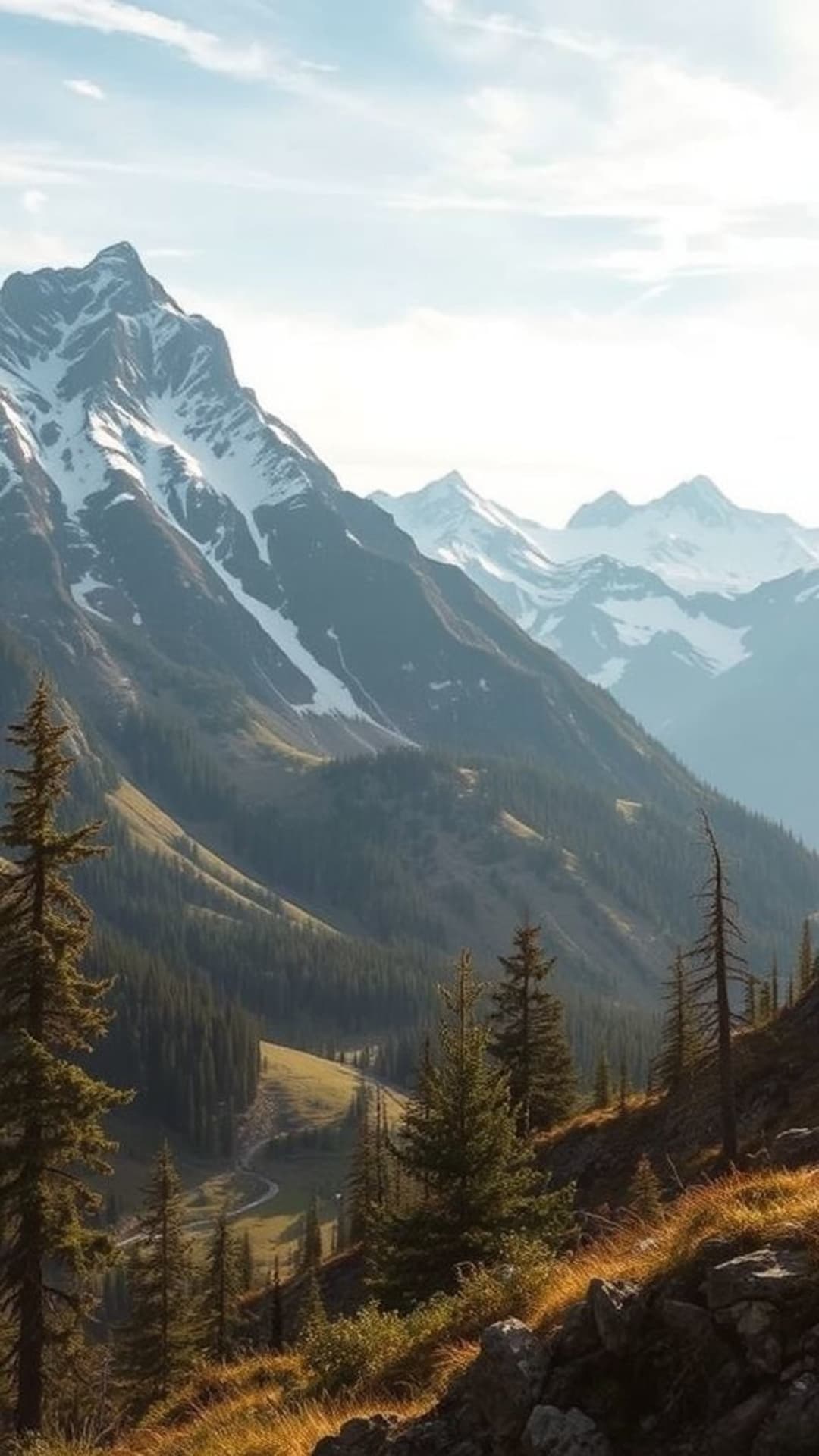 paesaggio montano selvaggio cime innevate natura serena calma avventura all'aperto esplorazione