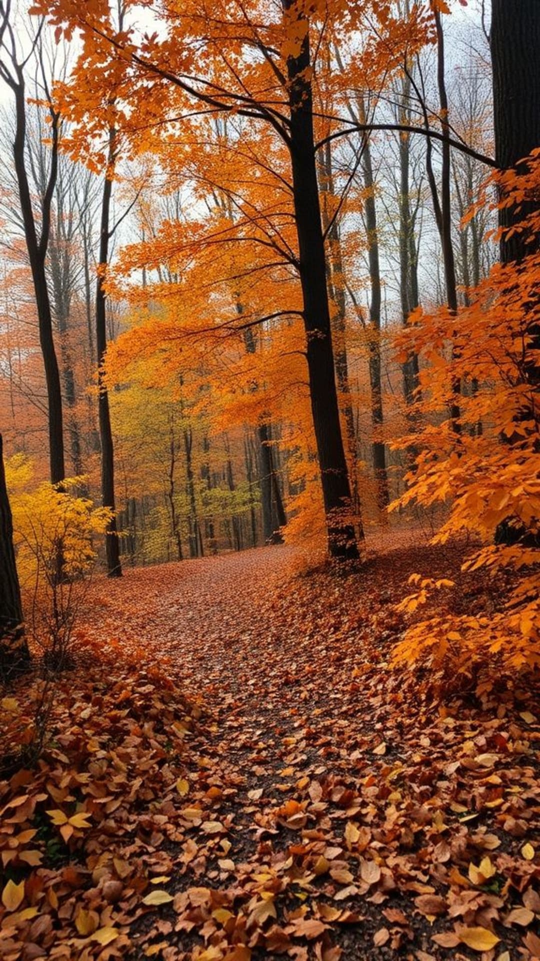 paesaggio autunnale colori caldi foglie che cadono bosco accogliente onirico bellezza stagionale tranquilla