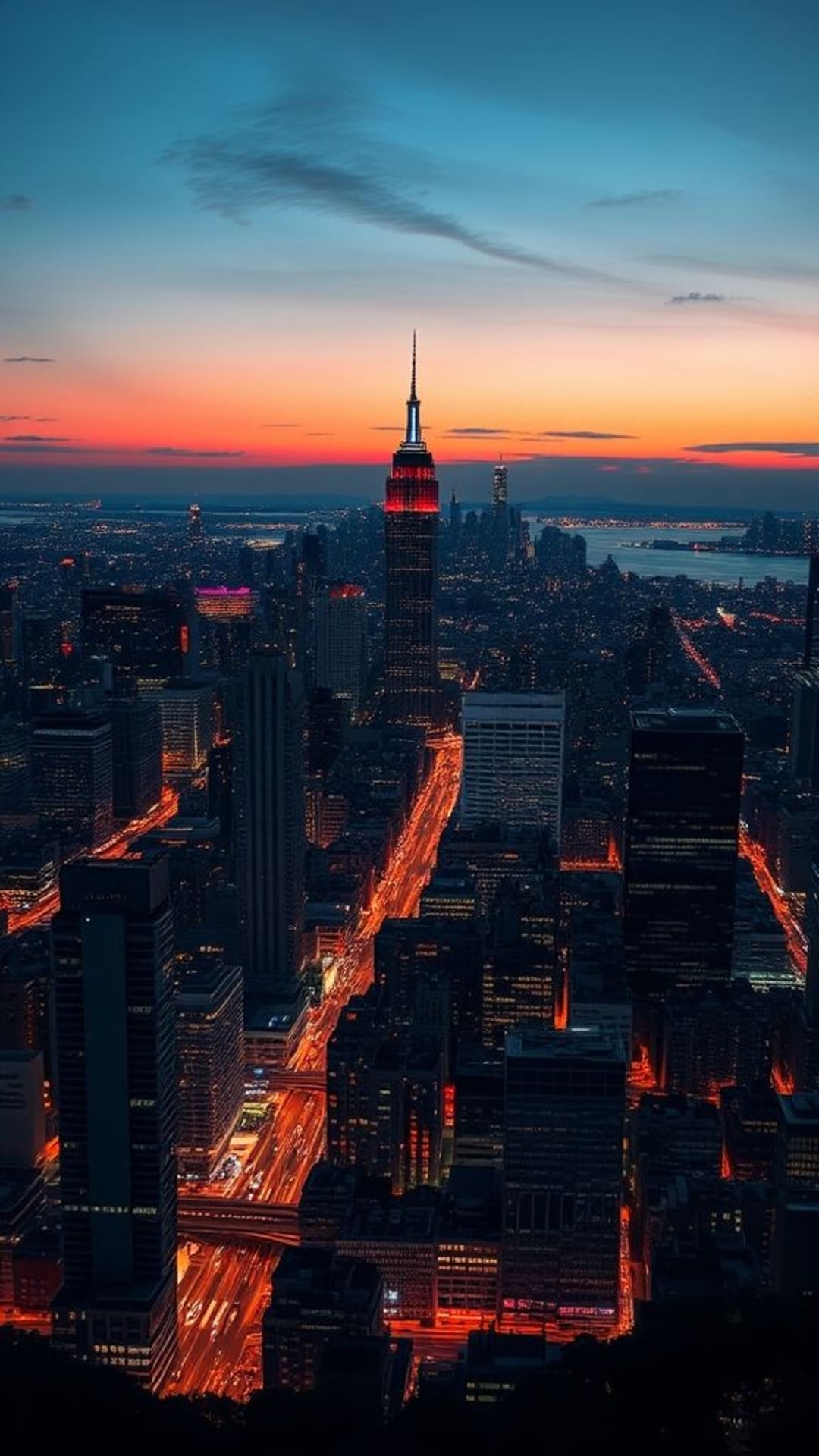 profilo urbano al tramonto luci della città metropoli estesa vibrante bagliore notturno energetico