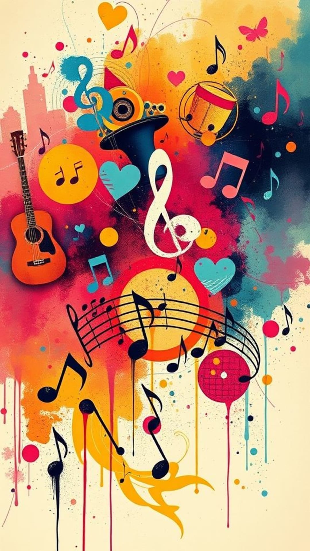 arte ispirata alla musica note musicali strumenti palette vivaci layout energici