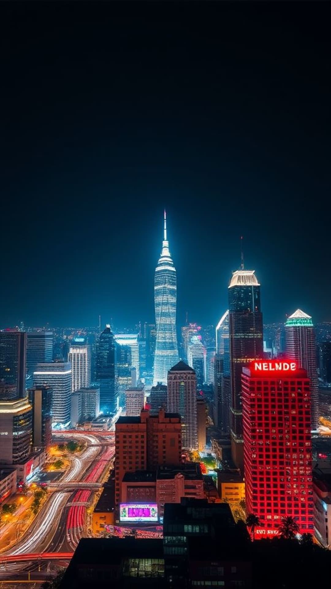 paesaggio urbano notturno con luci brillanti linee dello skyline