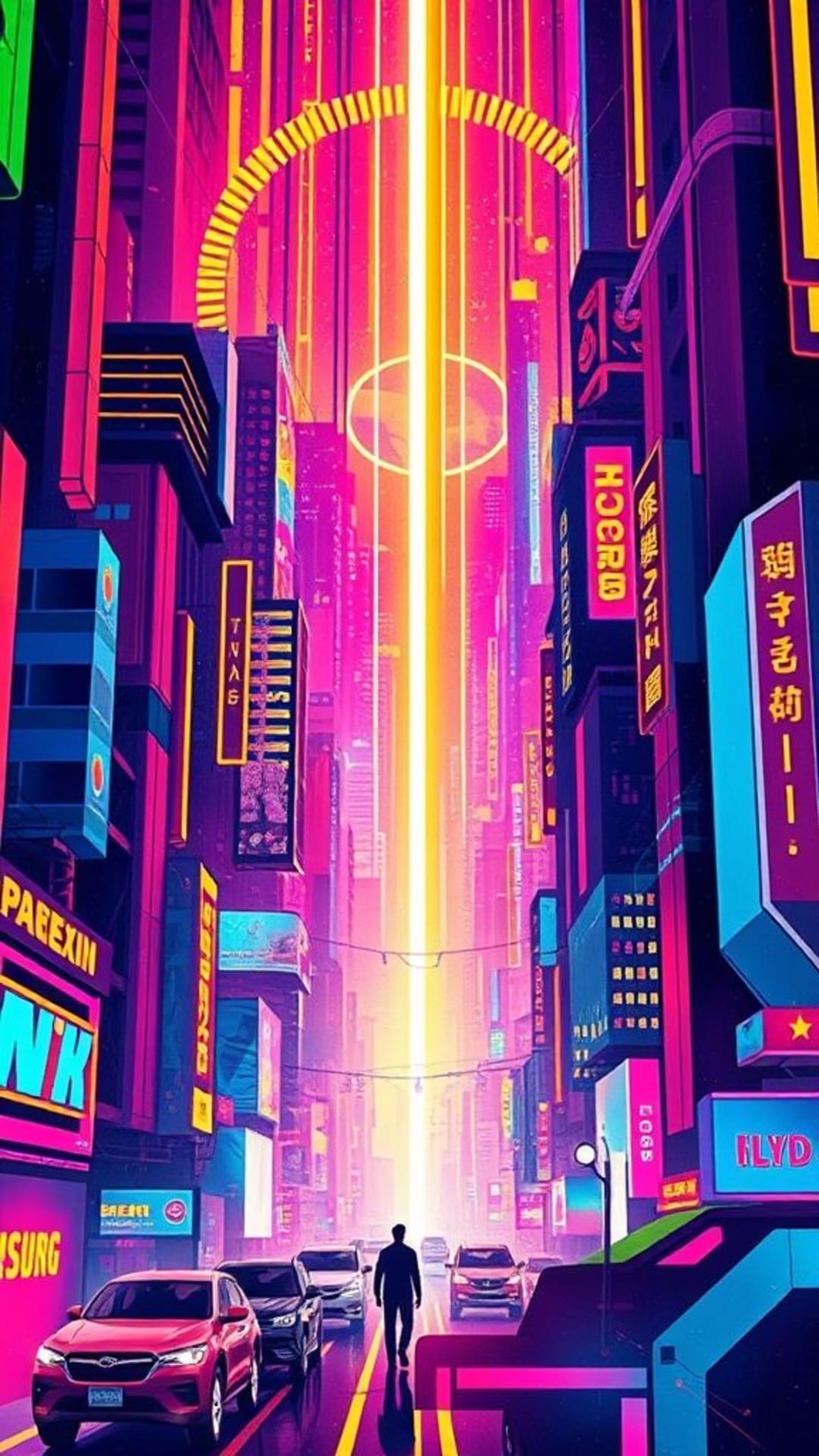 opera d'arte astratta vibrante schemi geometrici arte digitale colorata luci neon luminose skyline futuristica temi fantascientifici