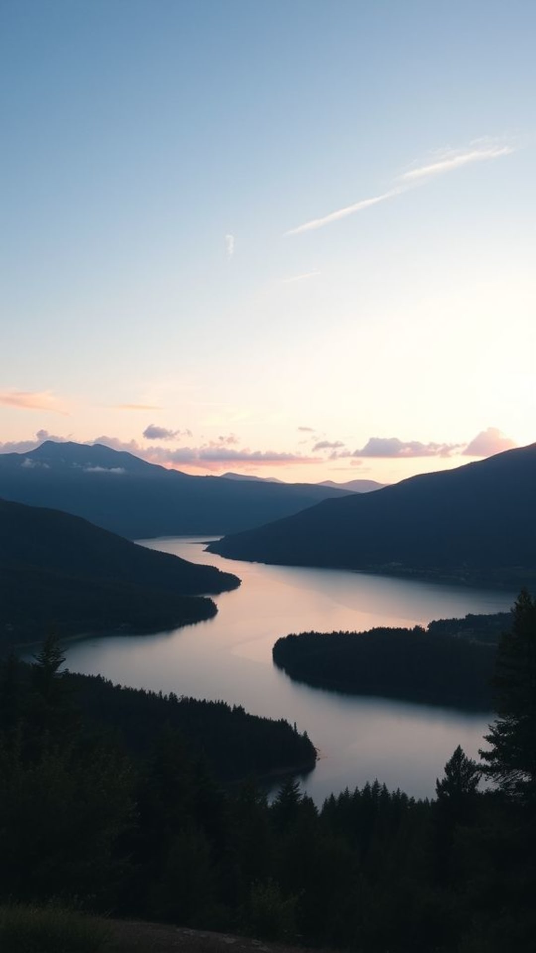 paesaggi naturali minimalisti laghi sereni viste sulle montagne tramonto cielo nuvole colori pastello morbidi tonalità rilassanti