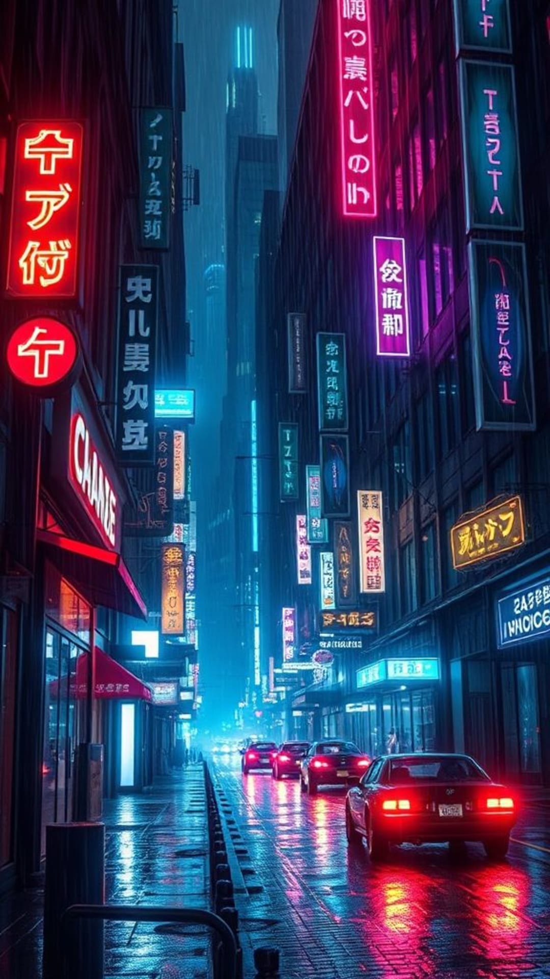 città cyberpunk insegne al neon notti piovose vicoli oscuri fantascienza luogo urbano futuristico distopico alto contrasto